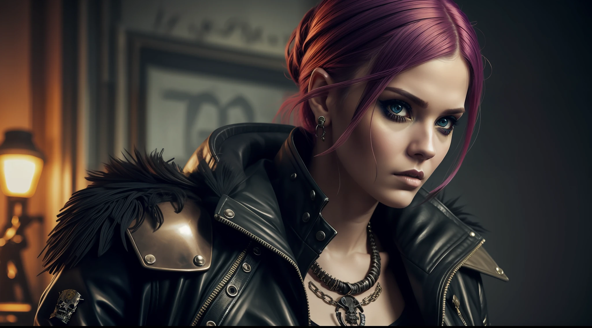 beautiful punk girl scull, mad max jacket, rebirth, cables on her body, hyper realistic style, oil painting, Olga Fedorova costume