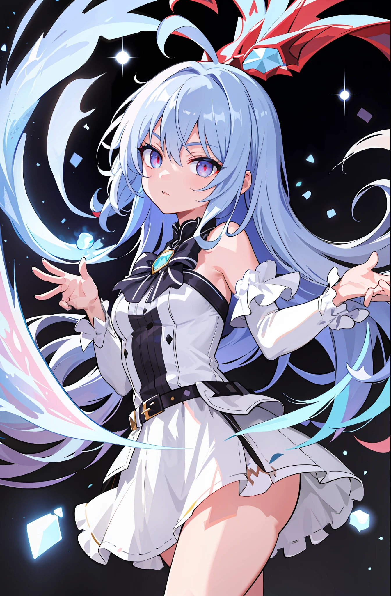 (finely detailed, distinct image, ultra resolution, extremely amazing detailed, awesome detailed), subsurface scattering, best ratio four finger and one thumb, masterpiece, best quility, high_quality, 1girl, solo, prism eyes, prism hair, prism, serious, [silver|white] + (blue:-0.3) hair, blue+red eyes, gradient eyes, multicolored eyes, The calming, upper body, glowing, glowing eyes, glowing white particles, glitter, bloom, fantasy, cave,