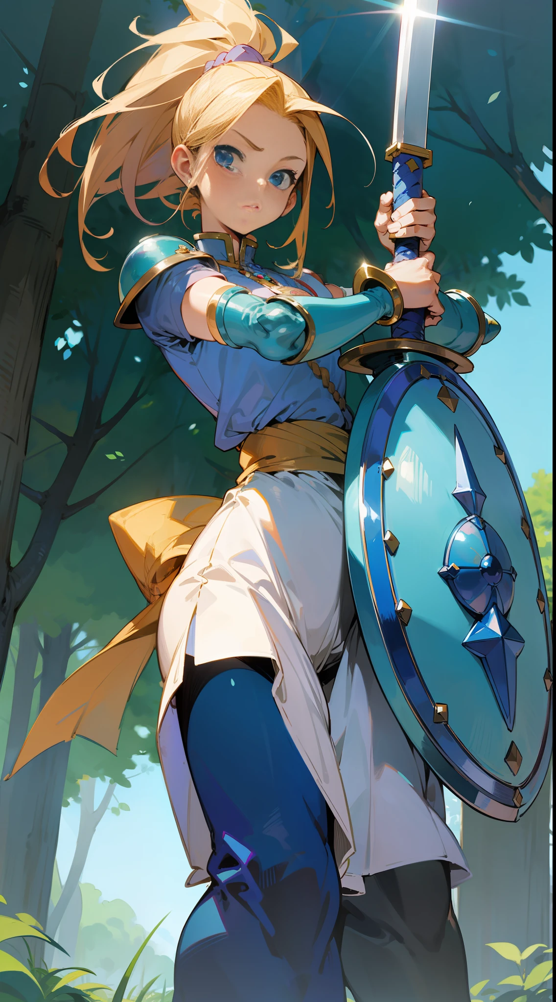 Marle, from Chrono Trigger, wearing a pastel blue armor, with a large blue sword and a shield, perfect anatomy, perfect face, forest background