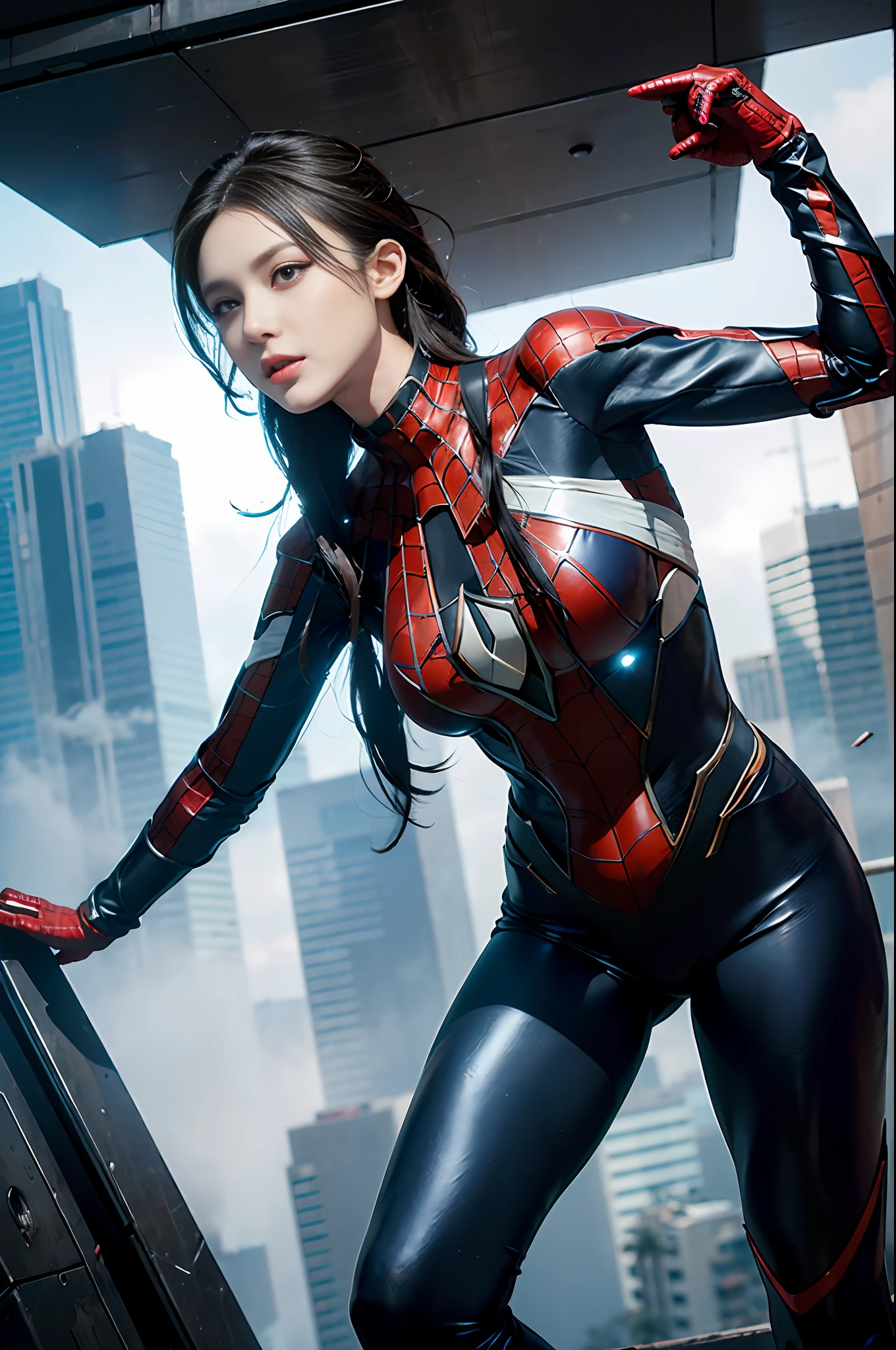 RAW, Masterpiece, Super Fine Photo,, Best Quality, Ultra High Resolution, Photorealistic, Sunlight, Full Body Portrait, Stunningly Beautiful, Dynamic Poses, Delicate Face, Vibrant Eyes, (Side View) , she is wearing a futuristic Iron Lady Spiderman costume, very detailed background, detailed face, detailed and complex busy background, messy, gorgeous, milky, high detailed skin, realistic skin details, visible pores, sharp focus, Volumetric fog, 8k uhd, dslr, high quality, film grain, fair skin, photorealism, lomography, sprawling metropolis in a futuristic dystopia, view from below, translucent