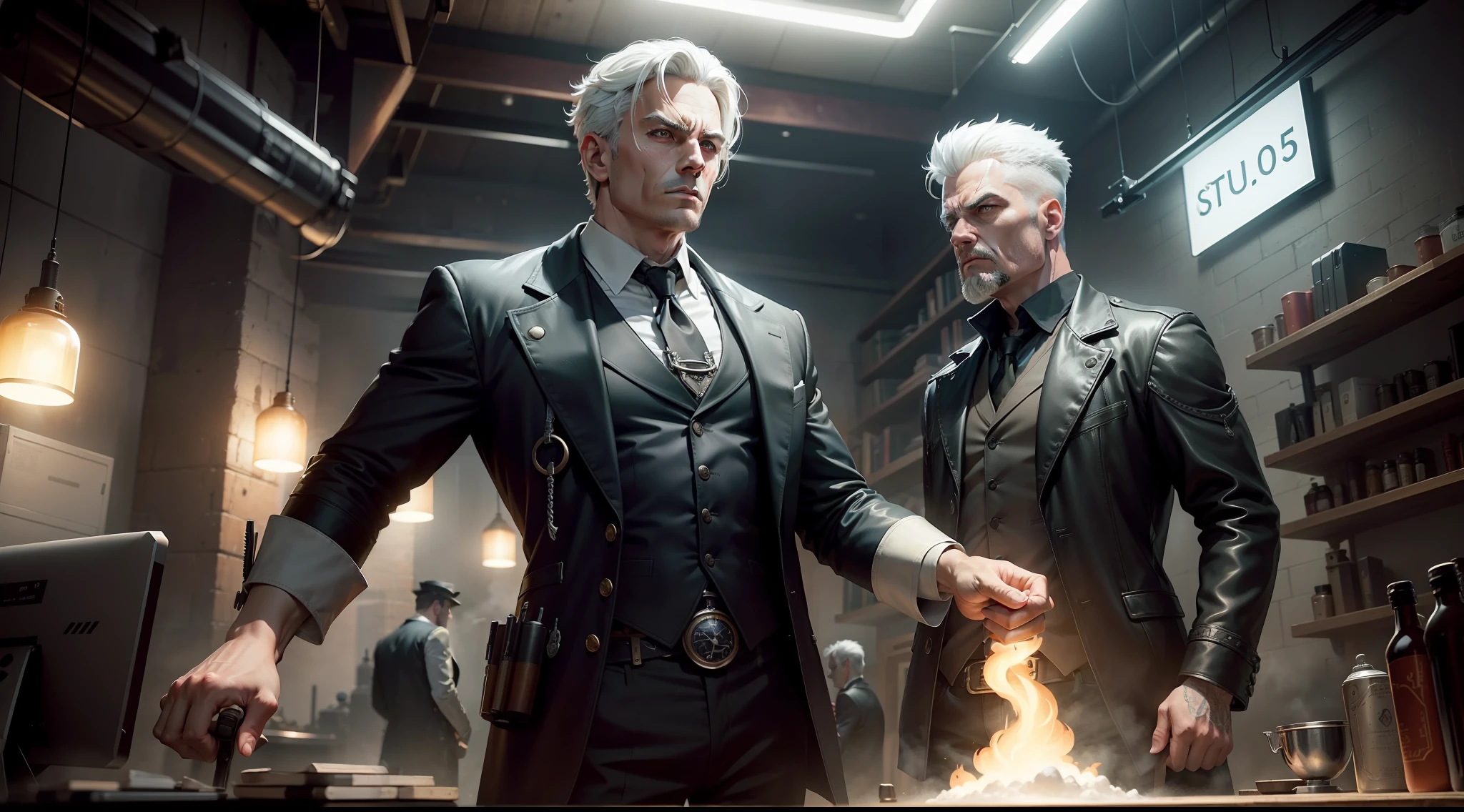 /Imagination Tips: Illustration In the lab, a white-haired gangster killer with a fierce face, kills a black-haired middle-aged man, raises his fist to fight, the two fight face to face: :10, white-haired gangster: :13, gun in hand: :15, rule of thirds composition: :8, shift: :13, ultra-wide lens: :3, Unreal Engine: :15, studio lights: :8, beauty wheel: :13, movie lights: :12, bold and bright: :10, dramatic: :13, super high quality: :12, Steampunk Cityscape::14, Steam-powered Machinery::12 --Seed 32455 --S 400 --Q 2 --C 40