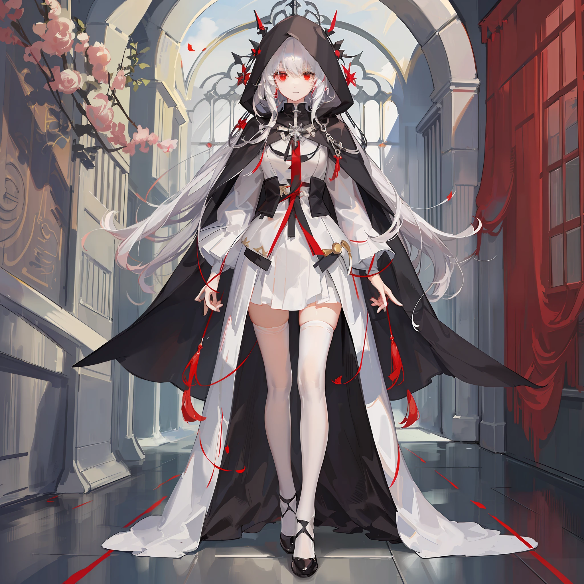Maiden, white stockings, round red thread striped road black robe, hood, cape, red eyes, long white hair, faint smile, standing posture, full body, mage, holy girl
