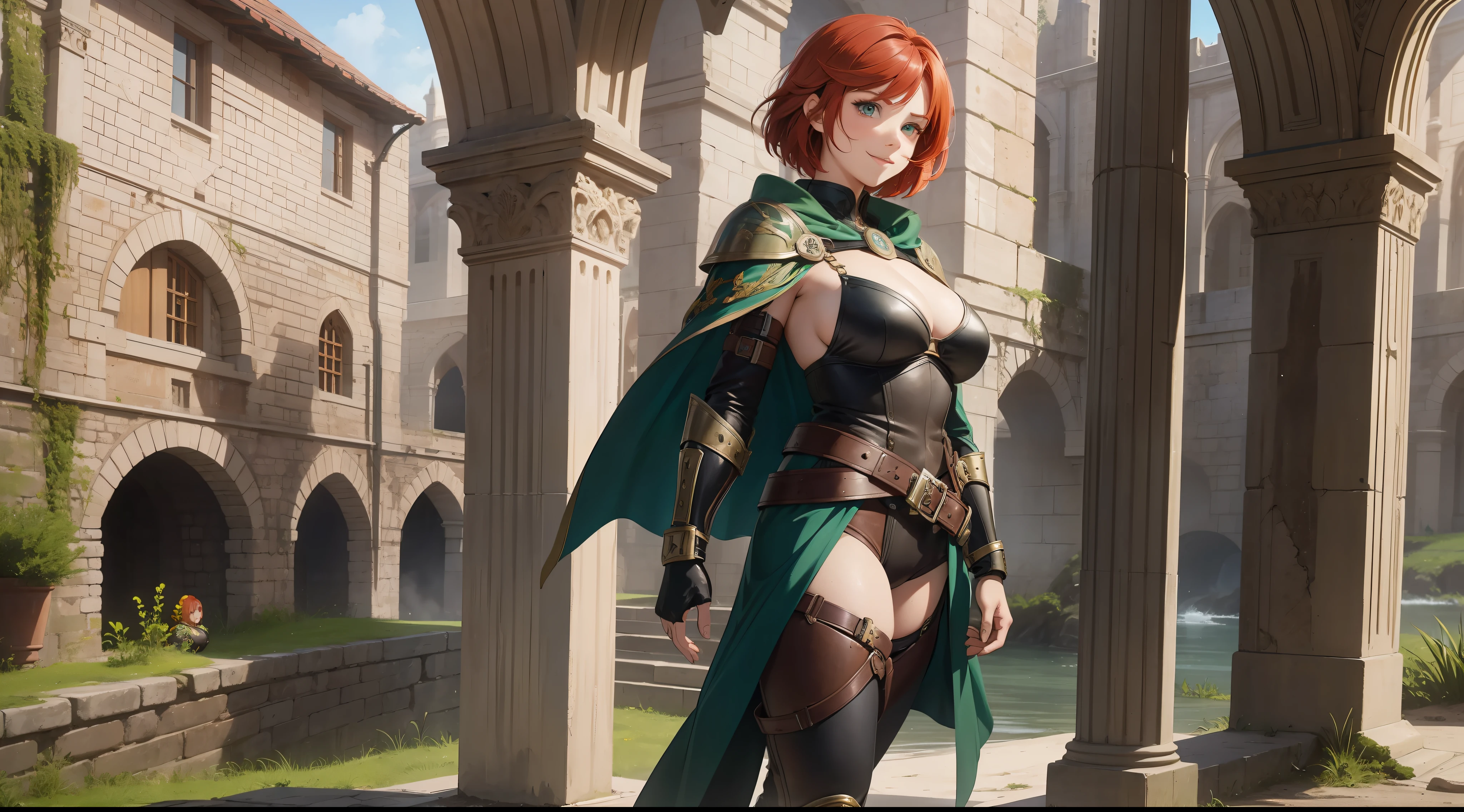 a girl, warrior, redhead, short hair, bright green eyes, beautiful breasts, hair between eyes, bangs, full body, confident, heroic posture, smiling, medieval soldier leather armor, cape, fantasy, medieval ruin