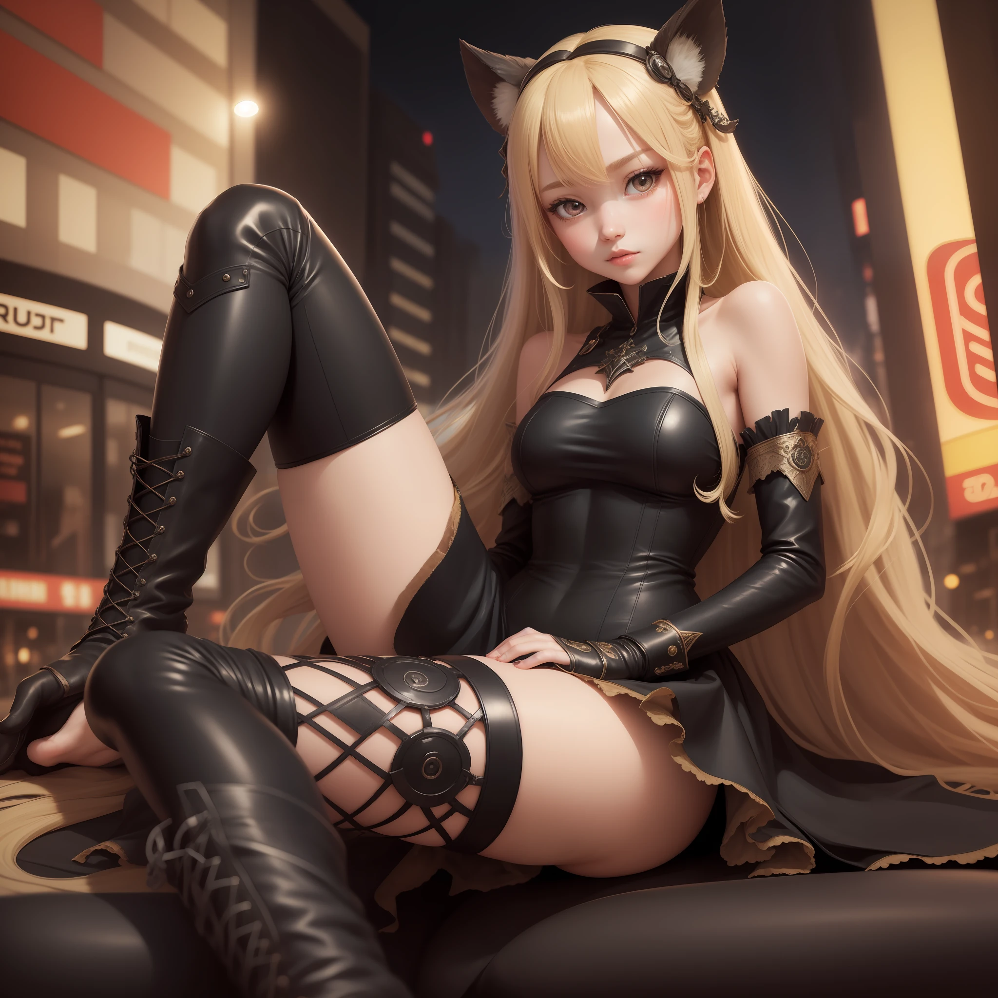Shibuya, best quality, gloves, boots, full body shown, accessories, decorated dress, sitting, beautiful skin, beautiful legs, black tights, clear big eyes, double, wink, looking at the camera, very long blonde hair, toes in the picture