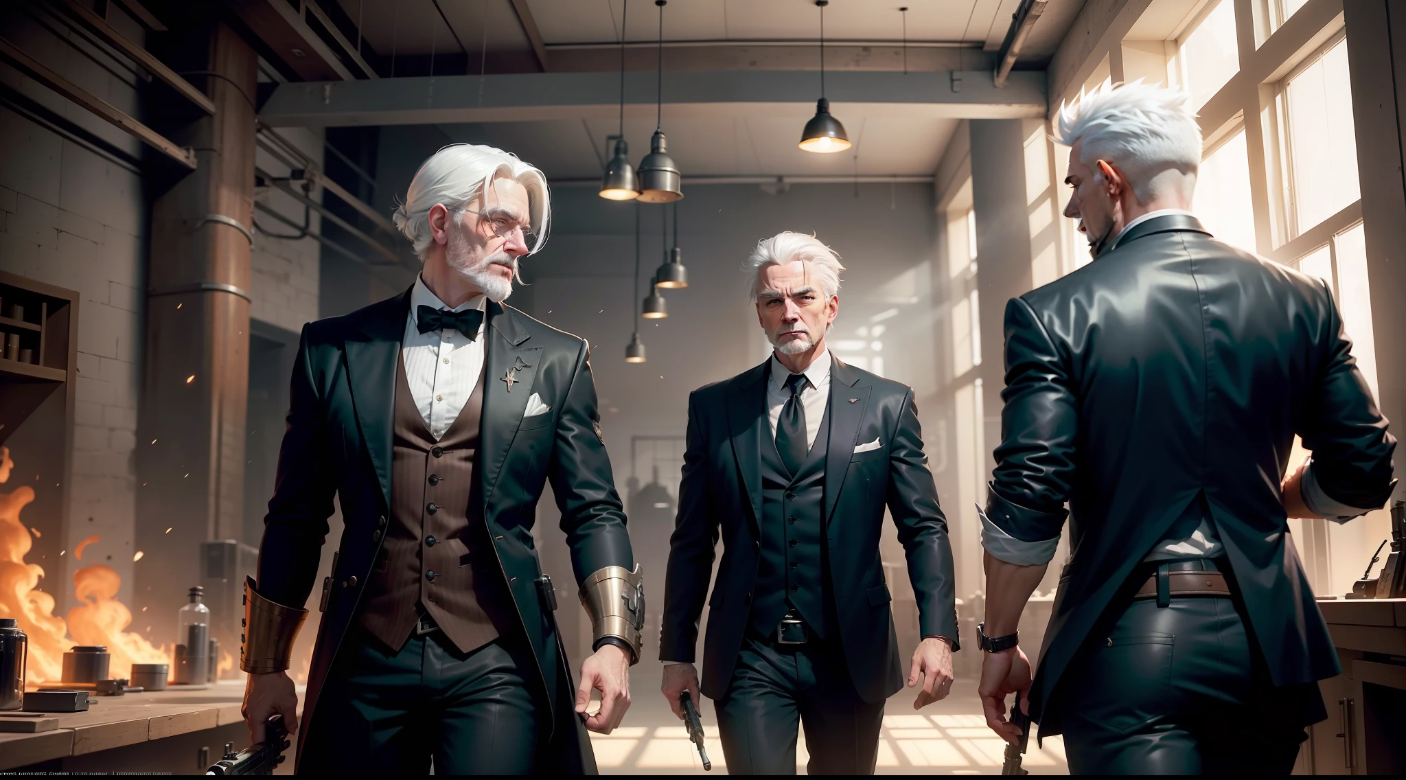 /imagine prompt: illustration of In the laboratory, a white haired killer forces a middle-aged man with black hair to point a gun at him ,Coercive questioning::15, White haired elderly man::13, Holding a gun in hand::15, rule of thirds composition::8, tilt-shift::13, ultrawide shot::3, Unreal Engine::15, Studio light::8, beautiful lighting::13, Cinematic light::12, Bold and bright::10, Dramatic::13, hyper quality::12, Steampunk cityscape::14, Steam-powered machinery::12 --seed 32455 --s 400 --q 2 --c 40