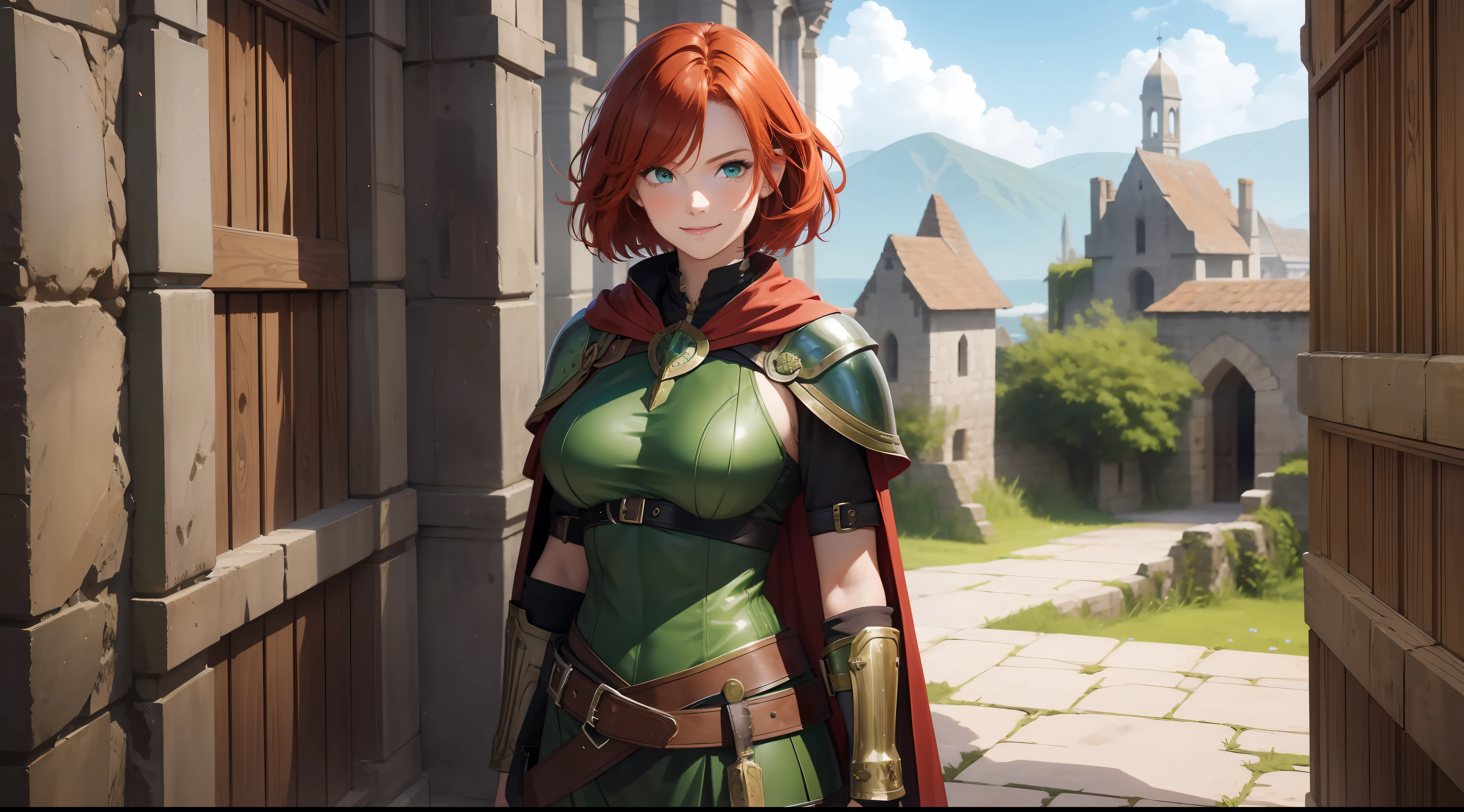 a girl, warrior, redhead, short hair, bright green eyes, beautiful breasts, hair between eyes, bangs, full body, confident, heroic posture, smiling, medieval soldier leather armor, cape, fantasy, medieval ruin