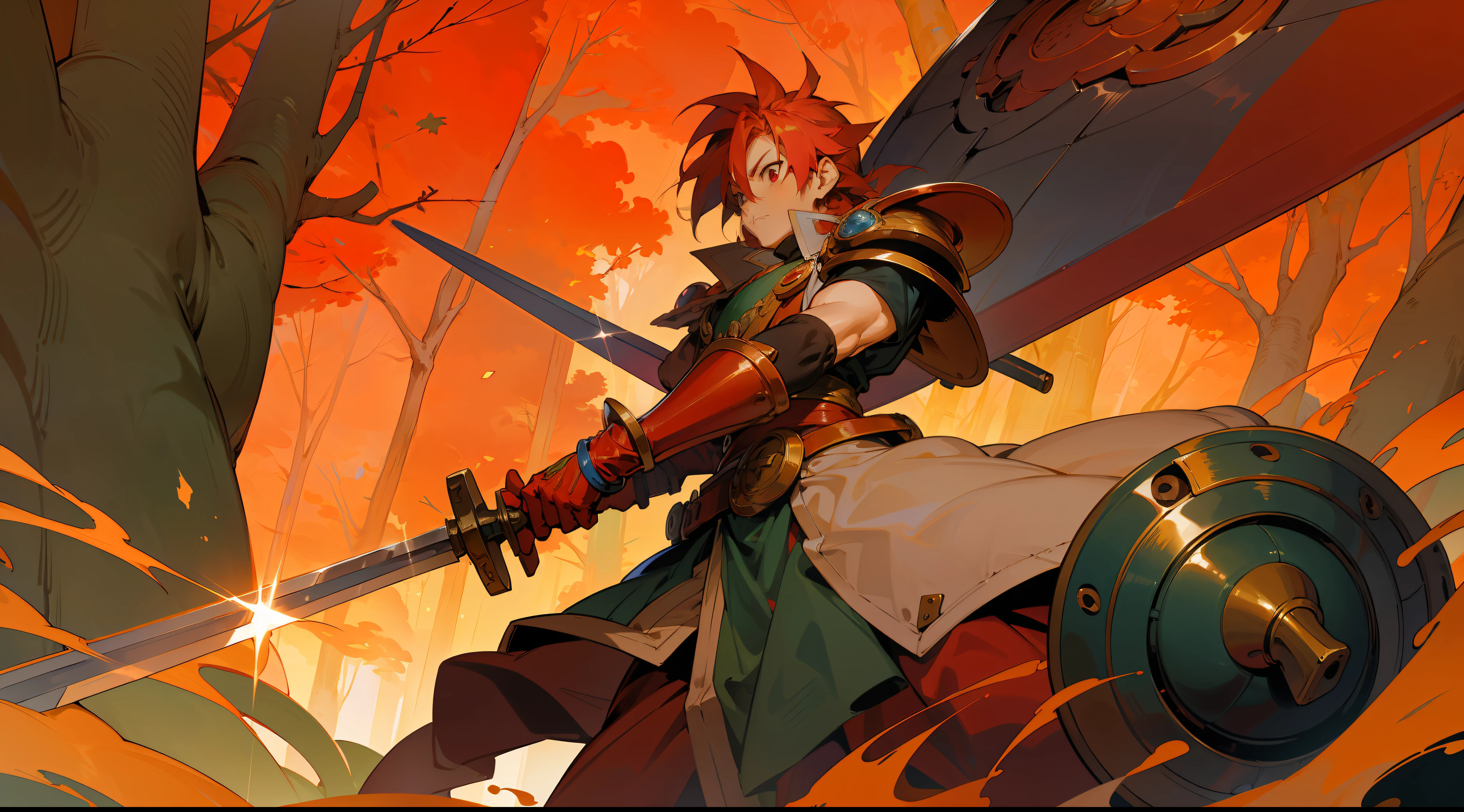 Chrono, from Chrono Trigger, wearing a colored armor, with a large red sword and a shield, perfect anatomy, perfect face, forest background