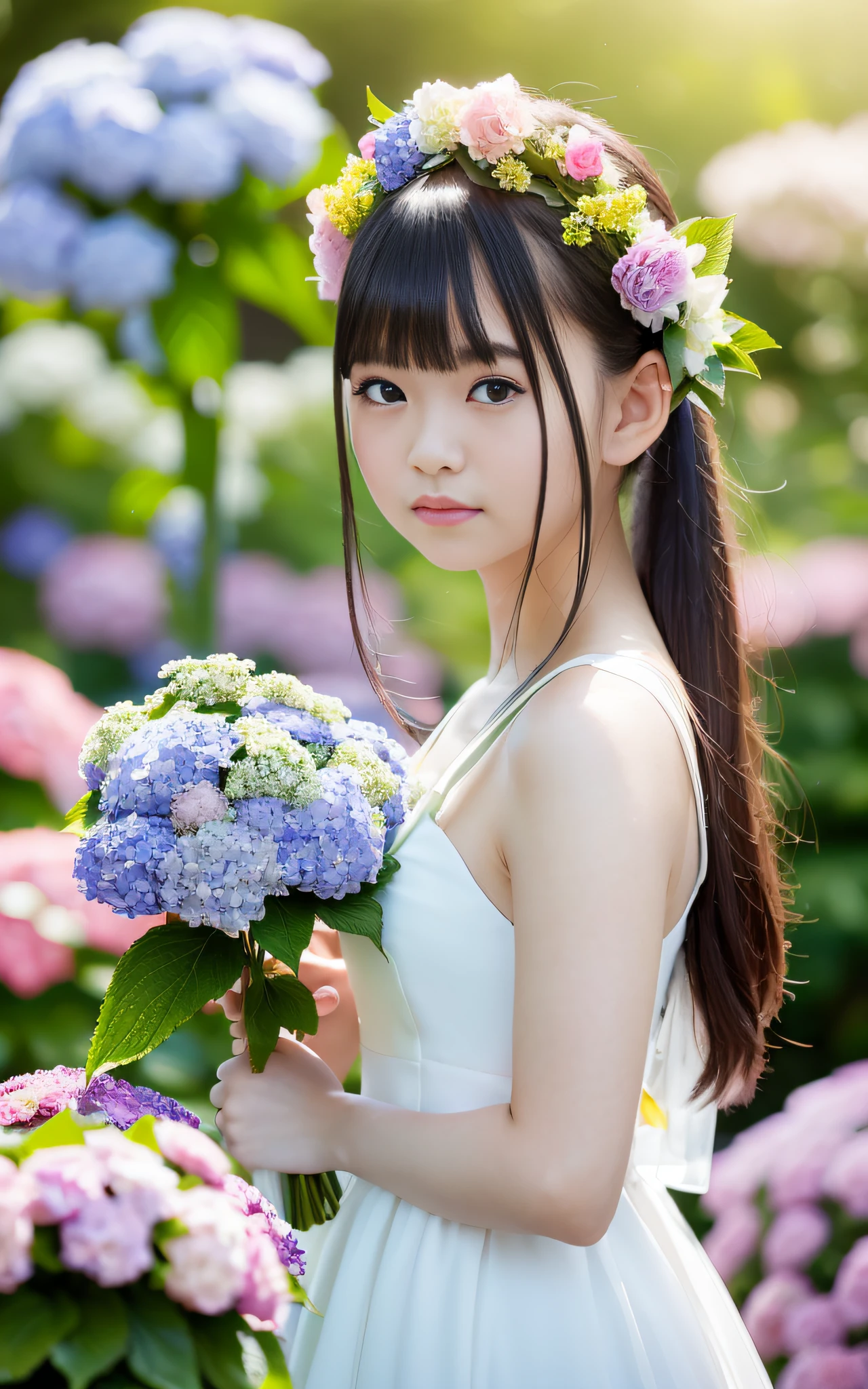 20 years old, twilight rays, wedding dress, flower crown, ((Tokugawa-en)), hydrangea fore bokeh, strong background bokeh, photorealistic, surrounded by colorful hydrangeas, background dark, looking at heaven with closed eyes, smiling, (1 girl), (sunset: 1.3), (8k, raw photography, best quality, masterpiece: 1.2), (realistic, photorealistic: 1.37), Best Quality, Ultra High Definition, (Focus Plane:1.8), (Portrait: 1.7), (Details:1.1), (Highest Quality), (Analog:1.2), (High Sharp), (Summer Dress:1.4), (Standing in a Flower Garden:1.3), (Bright and Colorful:1.3)