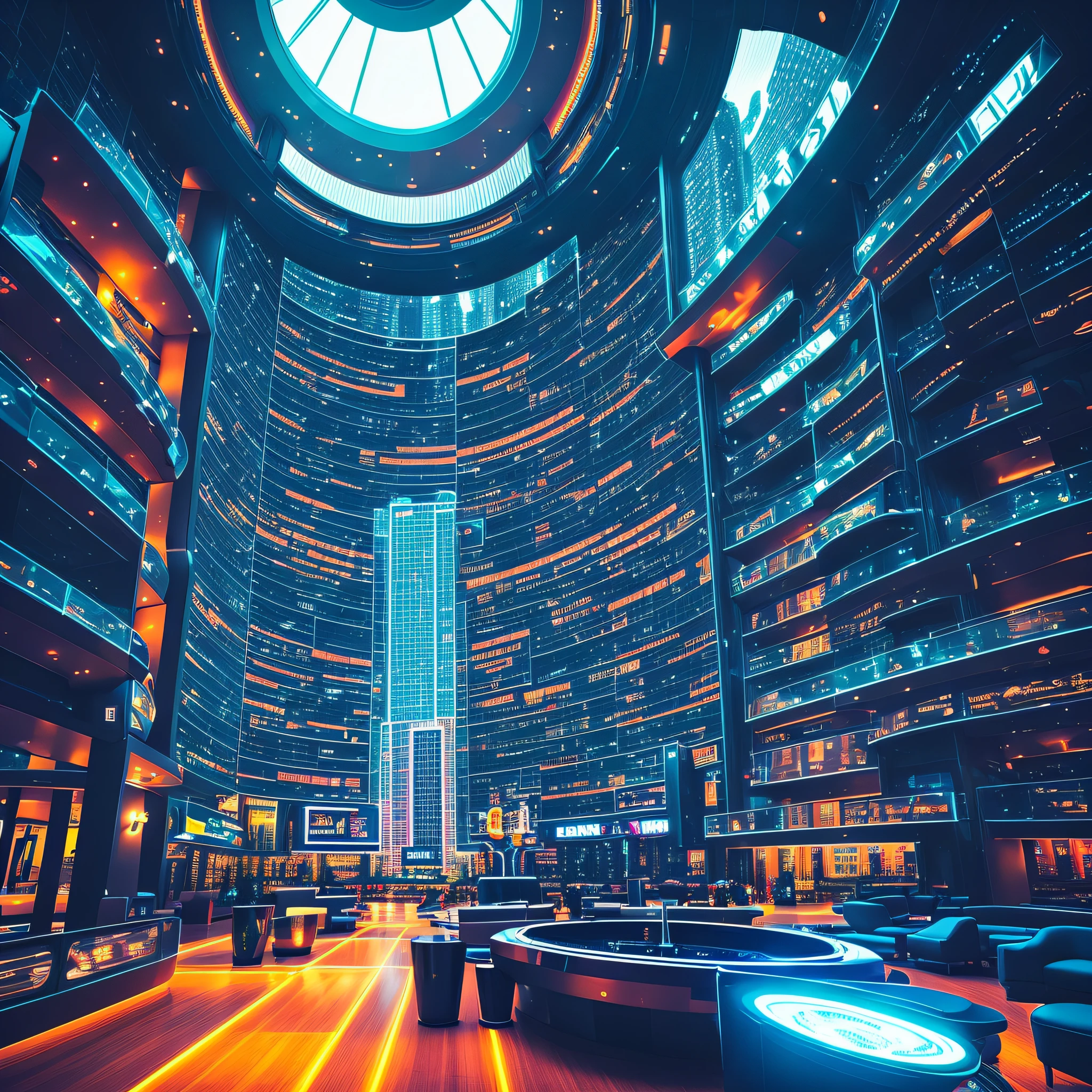 (spaceship hotel lobby) cityscape photography, surreal, cinematic, atmospheric, composition, cityscape, sense of wonder, 8k