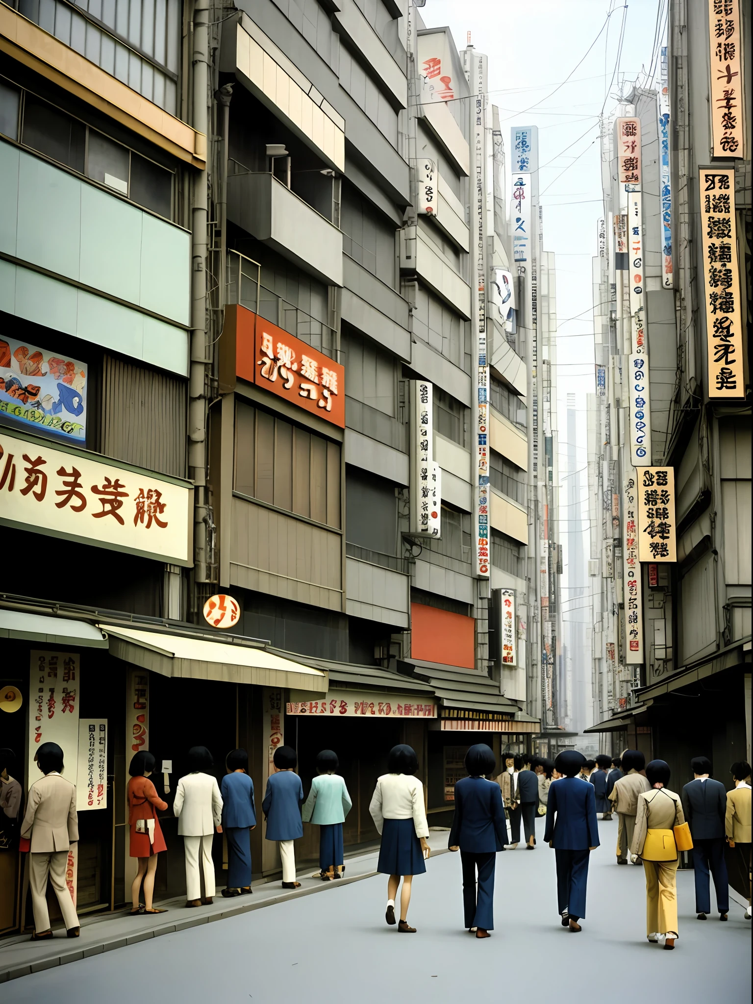 1970s Tokyo scenery, 1970s people, vintage photo,