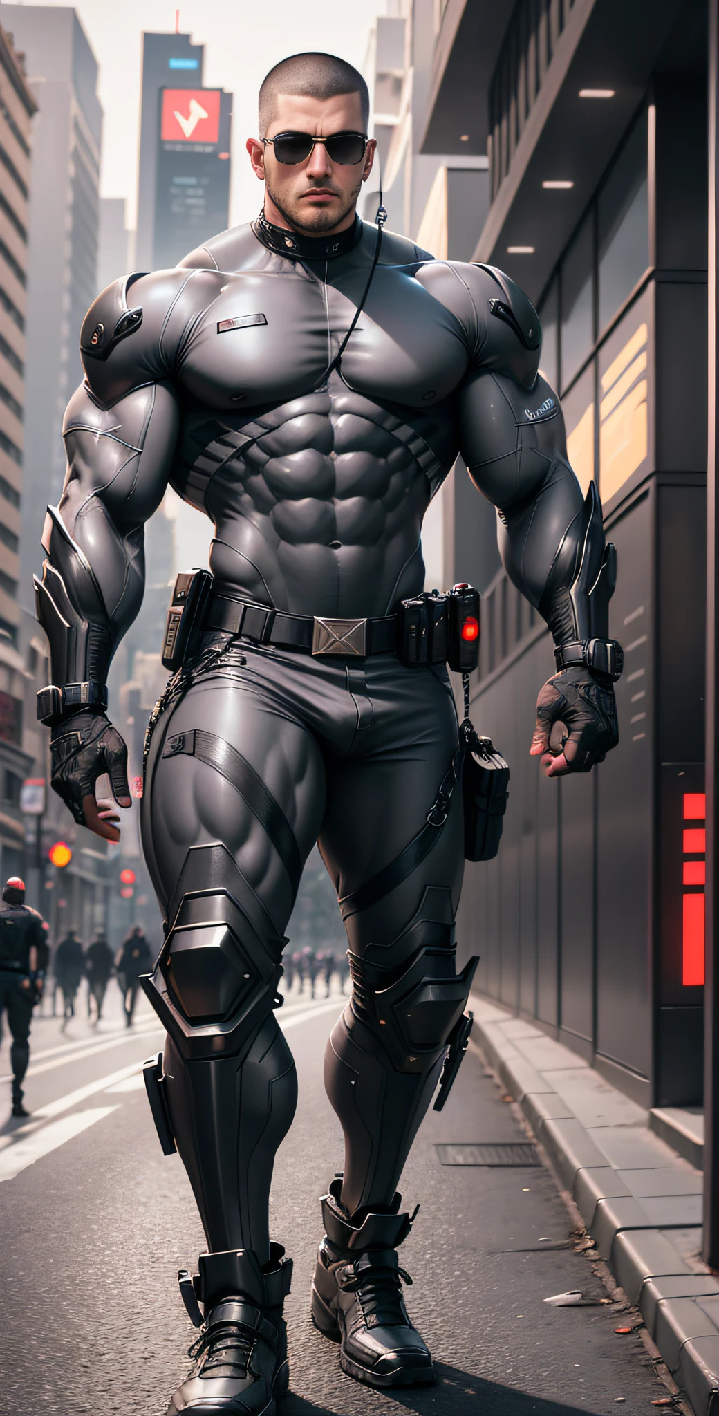 Arad man in gray, black and white clothes standing on the city street, muscle male hero, Buzz cut, heroic male pose, tall and burly, muscular! Wearing black sunglasses, cyberpunk, stealth suit, super buff and cool, high resolution committee, character design police, black army boots, charismatic strong male with armor