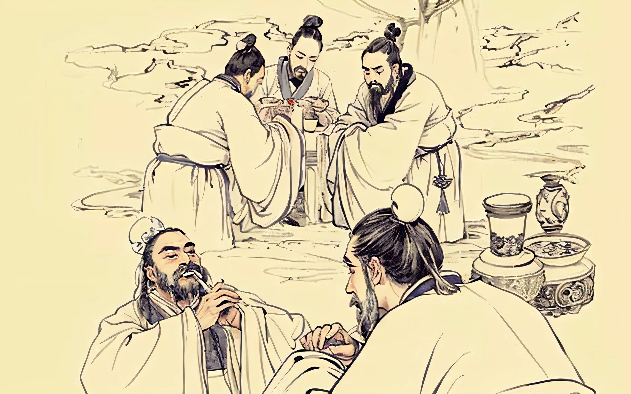 (Confucius + Official House + Three Kingdoms: 0.9 + Taoism: 0.9), sitting at the table to eat, trial or discussion, (Emperor Xuande + Ancient King + Robe figures) sitting around the table, (White Robe + Guo Xi + Qu Leilei + Zhang Zeduan + Chen Hongshou), holding a pen or book in his hand, (Chinese painting: 0.8), the scene is in a Chinese-style ancient house or palace.