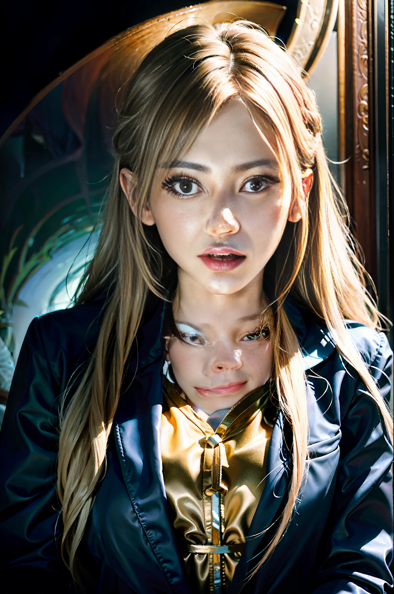 Hyperrealist portrait of female by david hockney and alphonse mucha,fantasy art, photo realistic, dynamic lighting, artstation, poster, volumetric lighting, very detailed faces, 4 k, award winning,, 1girl, in the dark, deep shadow, low key,cowboy shot,(official clothing:1.4) ,long hair,white hair,