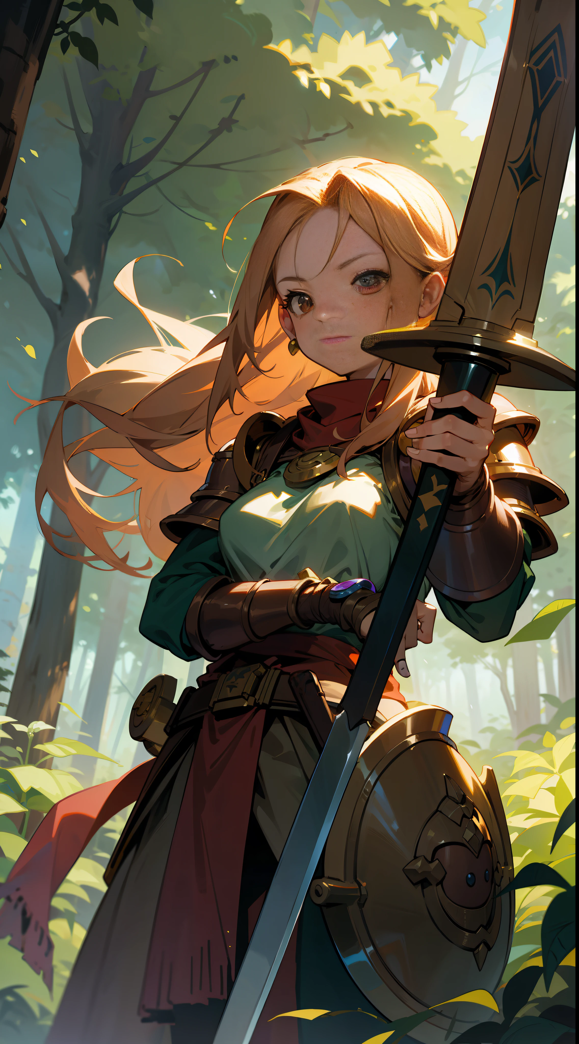 Ayla, from Chrono Trigger, wearing an armor, with a large brown sword and a shield, perfect anatomy, perfect face, forest background