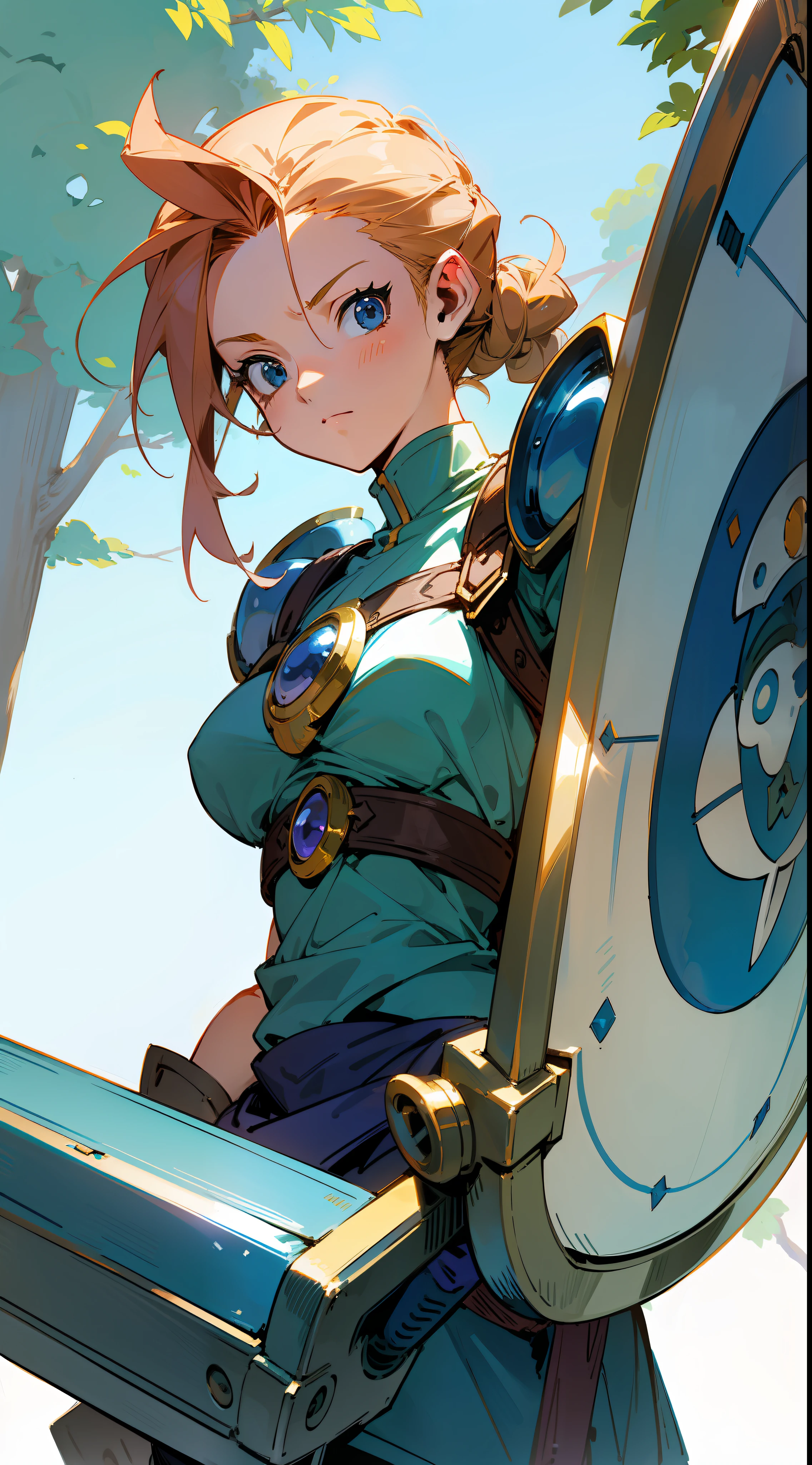 Marle, from Chrono Trigger, wearing a pastel blue armor, with a large blue sword and a shield, perfect anatomy, perfect face, forest background