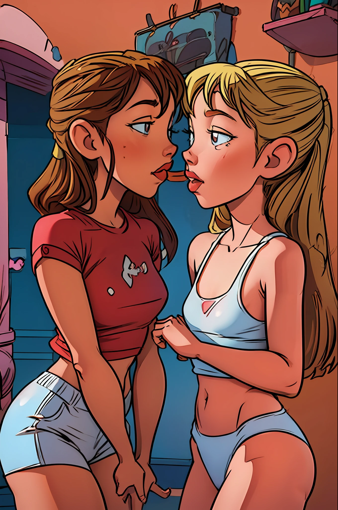 fantastic realism, bokeh,  ultra detailed, 2girls facing each other, chest against chest, kiss, red head and blond girl, underwear, indoors, narrow storage room, detailed background,
