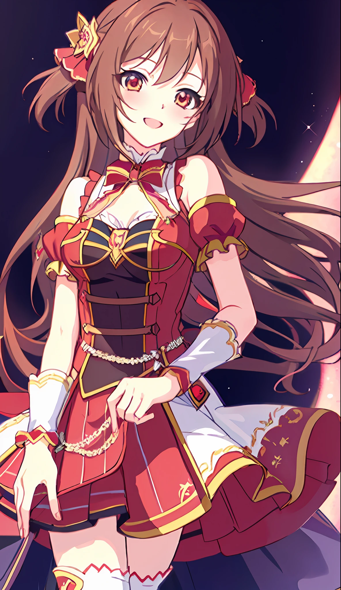 18 Love Beautiful Girl, Masterpiece, Top Quality, 8K Anime, Detailed Fingers, Precise Fingers, Unnatural Hands, Illustrations, 1 Girl, Solo, Brown Long Hair, Red Idol Costume, Red Mini Skirt, Red Sex Eyes, White Knee Socks, Nozomi,
