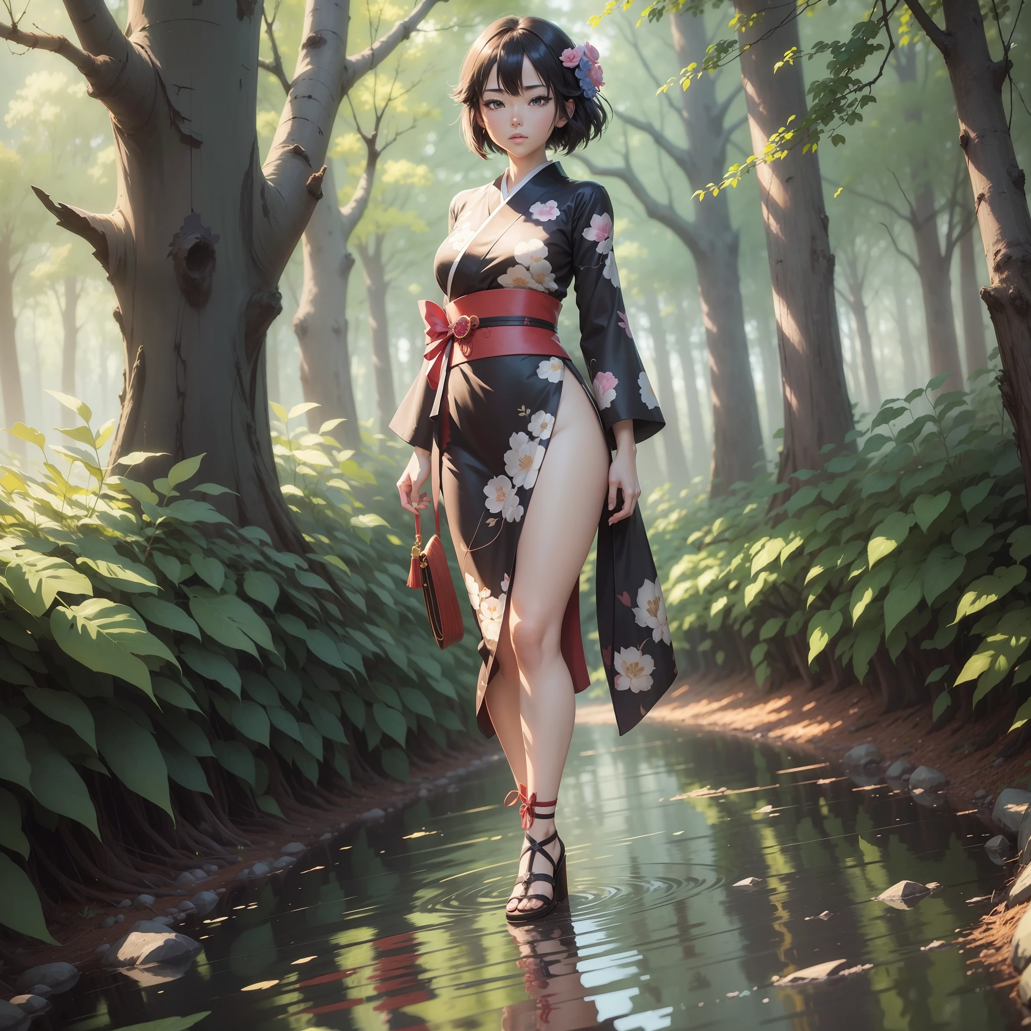 perfect face, reflection composition, beauty, sexy, masterpiece, top quality anime, woman in short kimono clothes walking in woods, anime art wallpaper 8K, anime art wallpaper 4K, animation art wallpaper 4K, anime style 4K, anime rush john 8K woods, Makoto Shinkai Cyril Roland, anime wallpaper 4k, anime wallpaper 4k, beautiful face, 4K anime wallpapers, digital art in anime style, --auto --s2