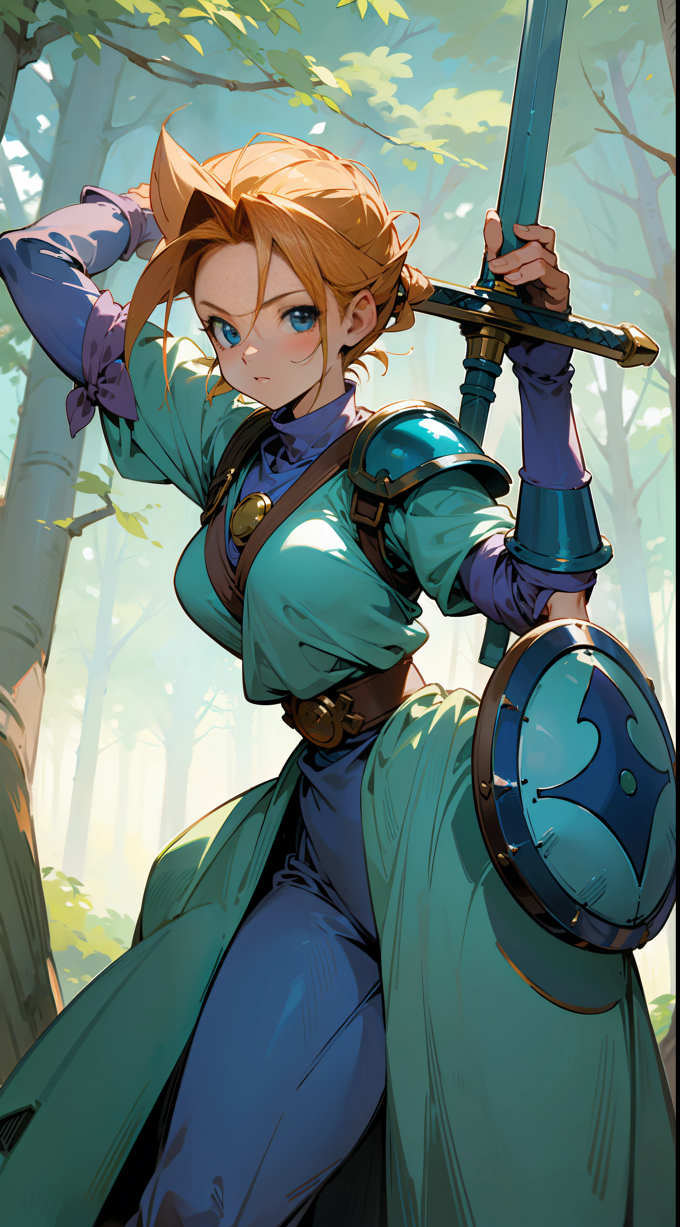 Marle, from Chrono Trigger, wearing a pastel blue armor, with a large blue sword and a shield, perfect anatomy, perfect face, forest background