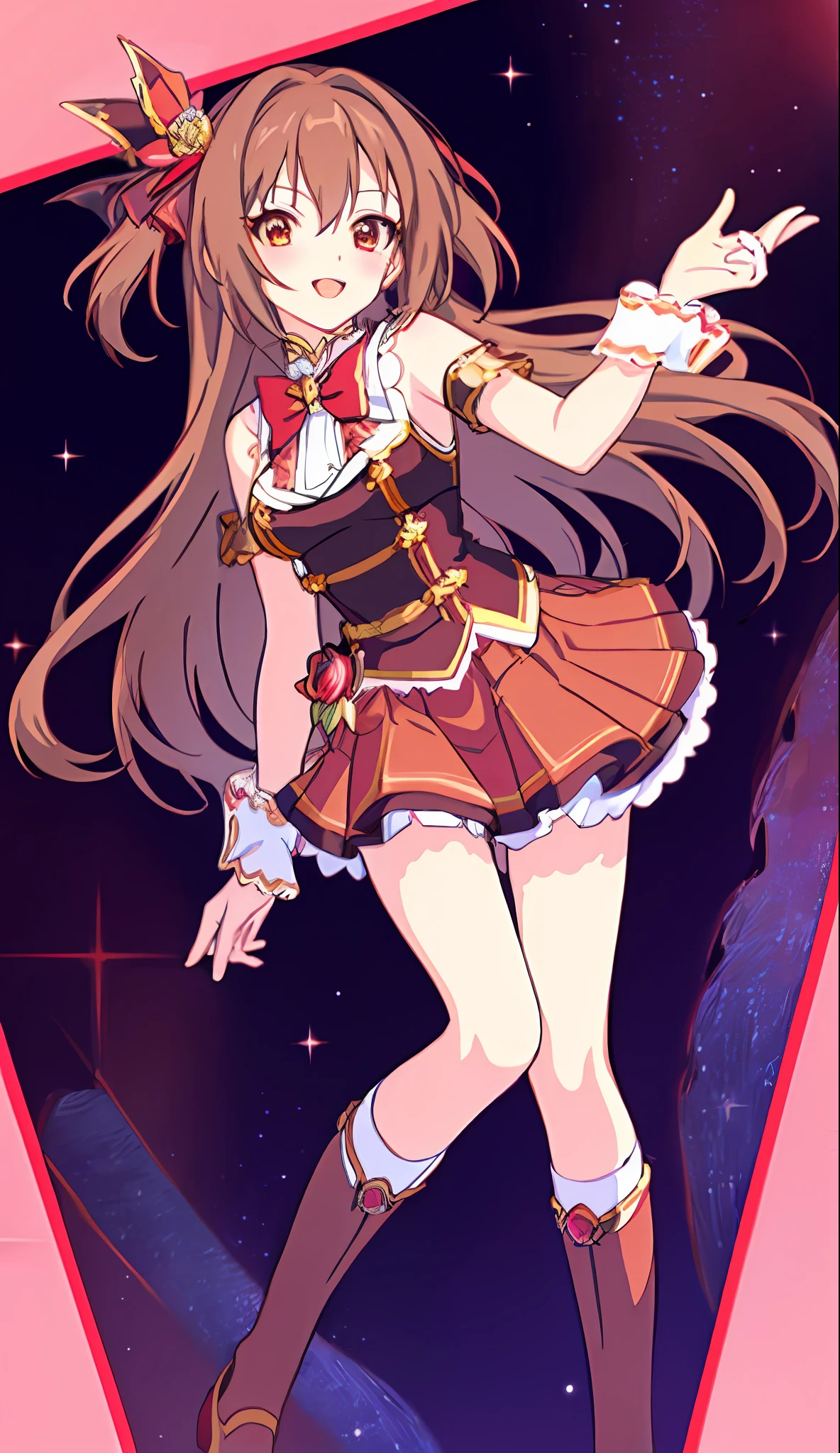18 Love Beautiful Girl, Masterpiece, Top Quality, 8K Anime, Detailed Fingers, Precise Fingers, Unnatural Hands, Illustrations, 1 Girl, Solo, Brown Long Hair, Red Idol Costume, Red Mini Skirt, Red Sex Eyes, White Knee Socks, Nozomi,
