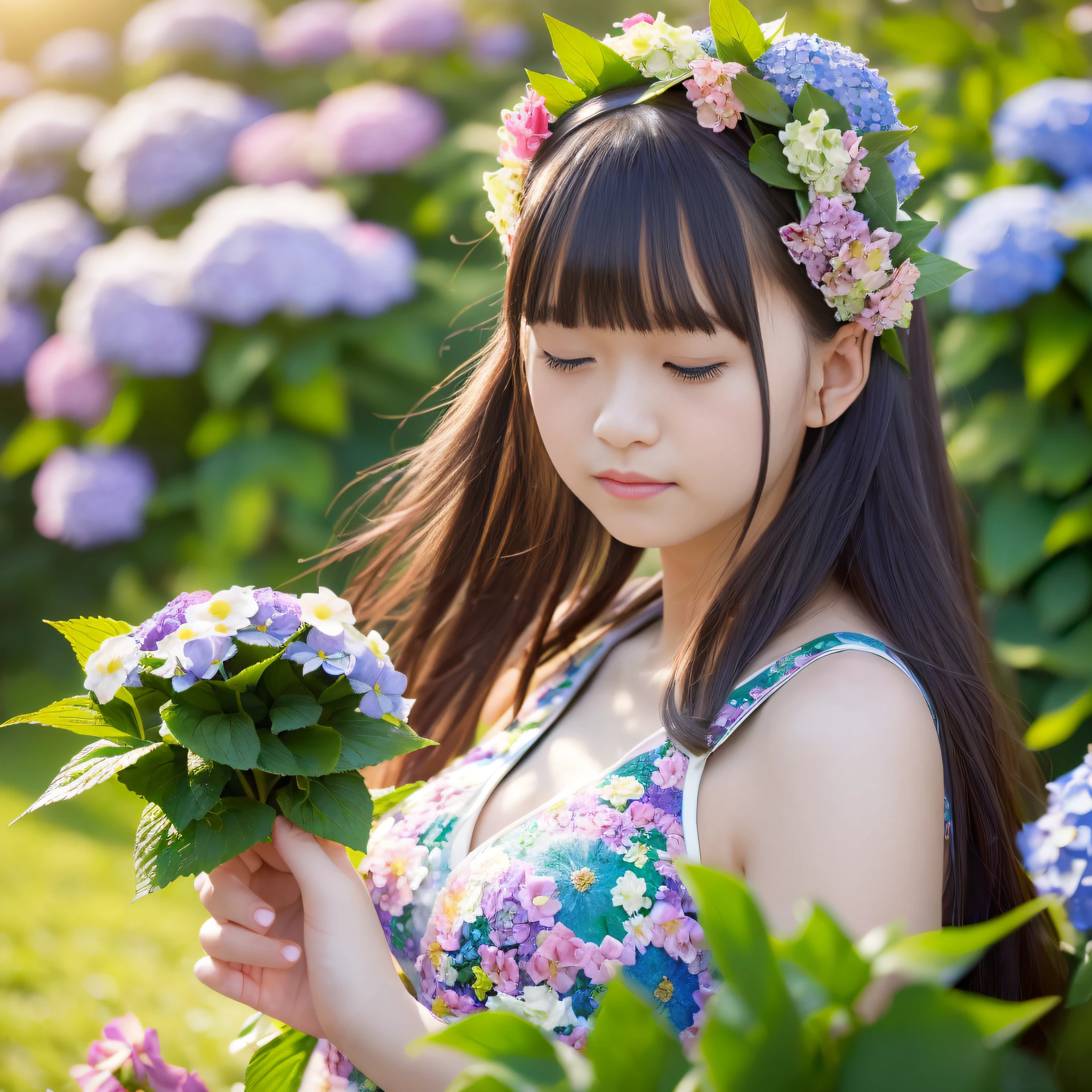 20 years old, twilight rays, wedding dress, flower crown, ((Tokugawa-en)), hydrangea fore bokeh, strong background bokeh, photorealistic, surrounded by colorful hydrangeas, background dark, looking at heaven with closed eyes, smiling, (1 girl), (sunset: 1.3), (8k, raw photography, best quality, masterpiece: 1.2), (realistic, photorealistic: 1.37), Best Quality, Ultra High Definition, (Focus Plane:1.8), (Portrait: 1.7), (Details:1.1), (Highest Quality), (Analog:1.2), (High Sharp), (Summer Dress:1.4), (Standing in a Flower Garden:1.3), (Bright and Colorful:1.3)
