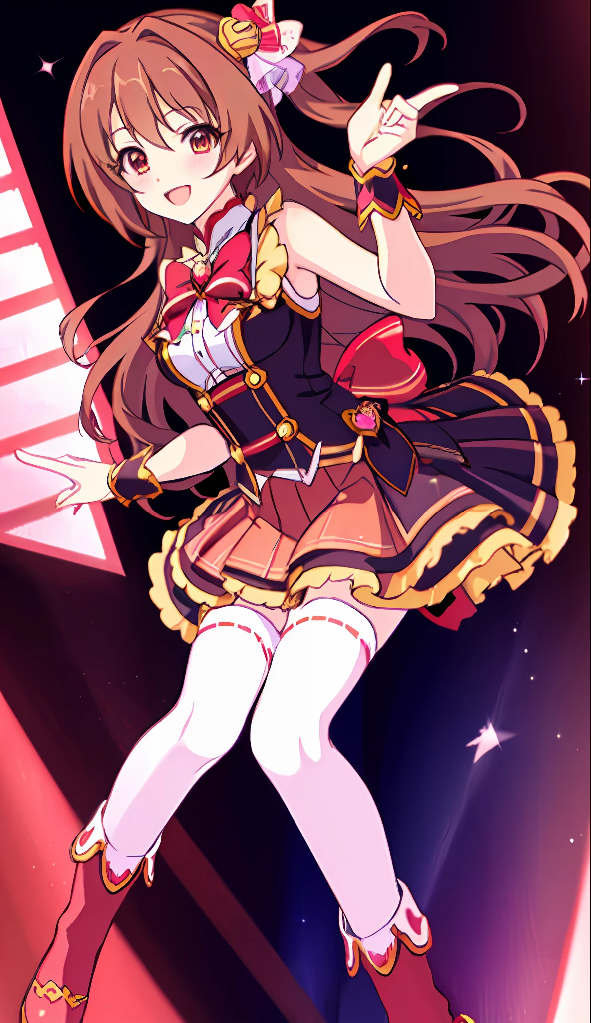18 Love Beautiful Girl, Masterpiece, Top Quality, 8K Anime, Detailed Fingers, Precise Fingers, Unnatural Hands, Illustrations, 1 Girl, Solo, Brown Long Hair, Red Idol Costume, Red Mini Skirt, Red Sex Eyes, White Knee Socks, Nozomi,