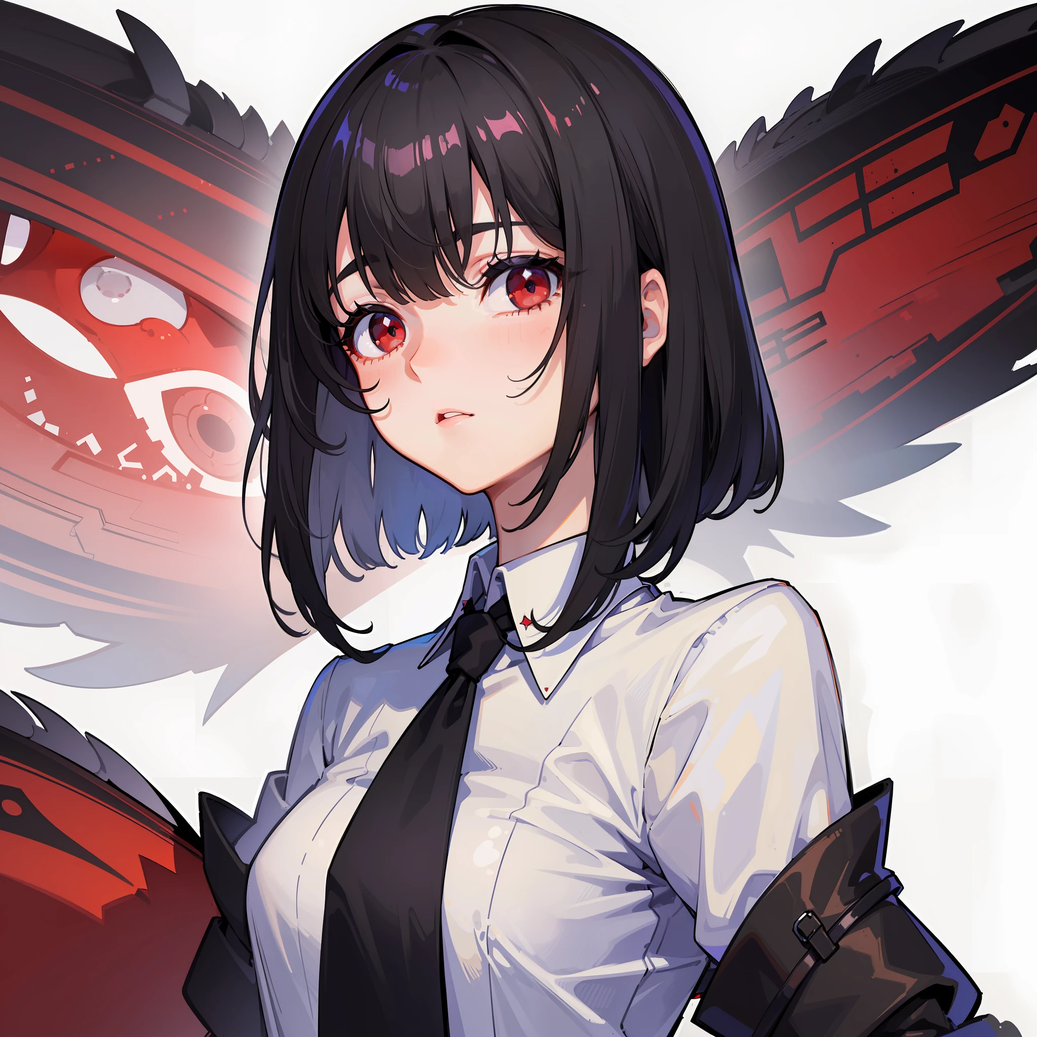 (1girl:1.3),(Hermaphroditic female:1.1),(headshot), bangs, black hair, short hair, red eyes, tsurume, accurate, anatomically correct, masterpiece, super detail, high detail, best quality, high resolution, 8k, white shirt, black tie, (white background)