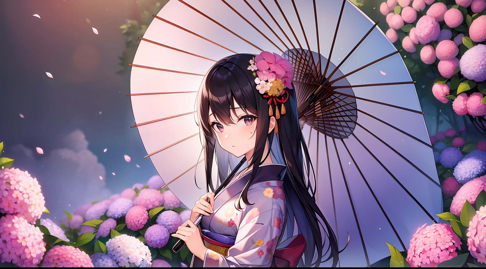 (Masterpiece, Top Quality, Super Detail: 1.6), Official Art, 8k, Wallpaper, Detailed Illustrations, Correct Berth, Waist Up, 1 Girl, Cute, Solo, Fingers Drawn in Detail. medium breast, black hair of medium length, black eyes, a lonely look, a mole, clean white skin, holding a white and pink yukata, hydrangea, garden, Japanese umbrella,