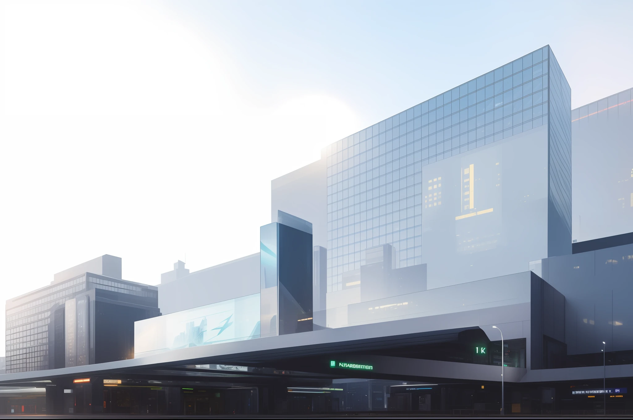 8K, super delicate, landscape, landscape, no human, reality, masterpiece, sharp focus, super detail, absurdity, high resolution, dynamic lighting, cybernetic background, night, arrogant, bloom, (glow), flat color, station, subway, office building, huge station building