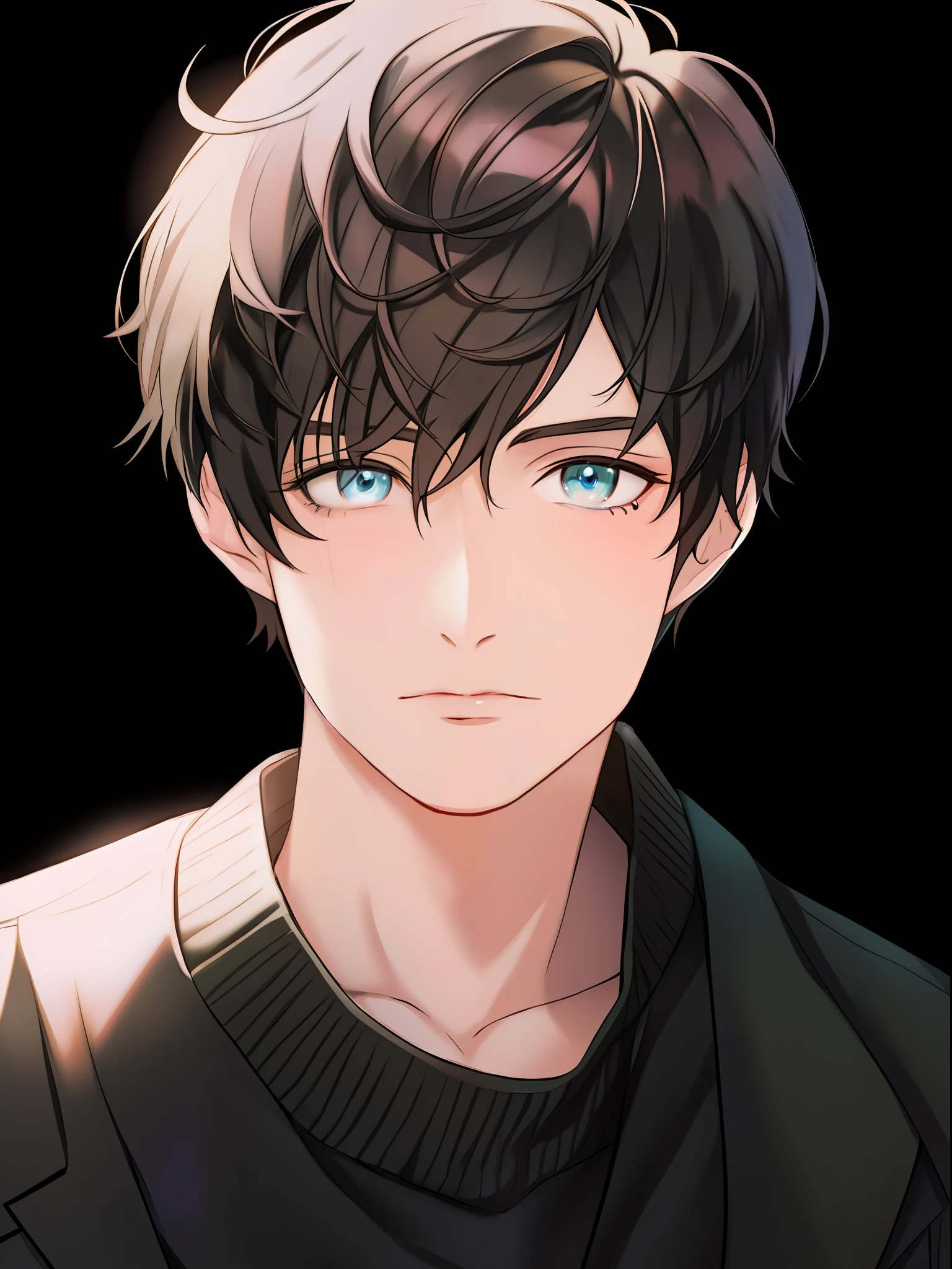 Crying, anime boy with black hair and green eyes staring at camera, cute lifelike portrait, semi-realistic anime, detailed anime soft face made by anime painter studio, anime portrait of handsome man, realistic anime art style, smooth anime CG art, high detail face anime, semi-realistic anime, semi-realistic anime style, Anime style portrait, tall anime man with blue eyes