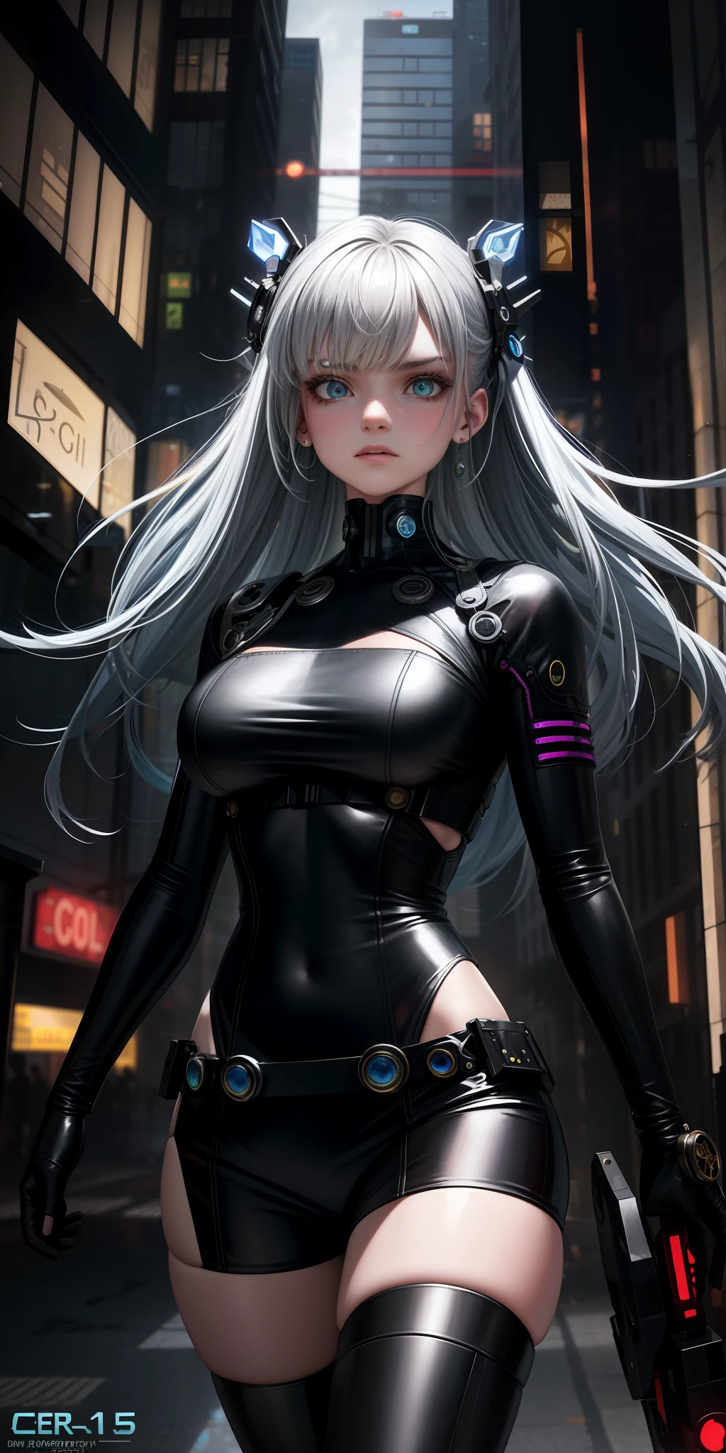 cyberpunk-inspired art by Cornflower with an original masterpiece transformed into a cyberpunk-themed artwork with perfect details and a beautiful, crisp background (Unity CG 8K:1.05 wallpaper) and depth of field (0.75). A sexy, black-clad young woman with long silver hair and a neon floral head ornament (1.1) stands in the middle of an abandoned cyberpunk city (1.25) under a neon (1.1) sky in (spring:0.45):1.1. Her proportions are adjusted to be more realistic, and her detailed beautiful eyes (1.2), stunning face (1.2), silver hair fluttering in the cyberpunk wind (1.05), and striking green eyes (1.1) complete her alluring presence. However, she is not alone in an abandoned city, as she is approached by a group of terrifying monsters. Despite their menacing presence, the girl shows no fear and instead gives them a ferocious, angry expression. Her expression contrasts with the peaceful rainbow behind her and underscores her determination to face the monsters.