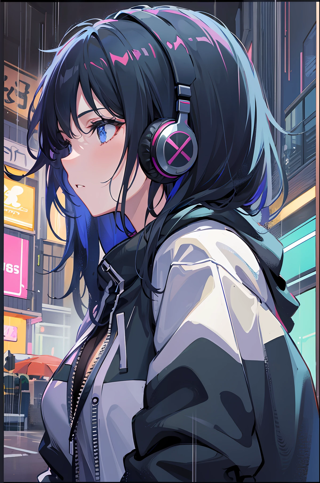 masterpiece,1girl,solo,incredibly absurdres,hoodie,headphones, street,outdoors,rain,neon lights,