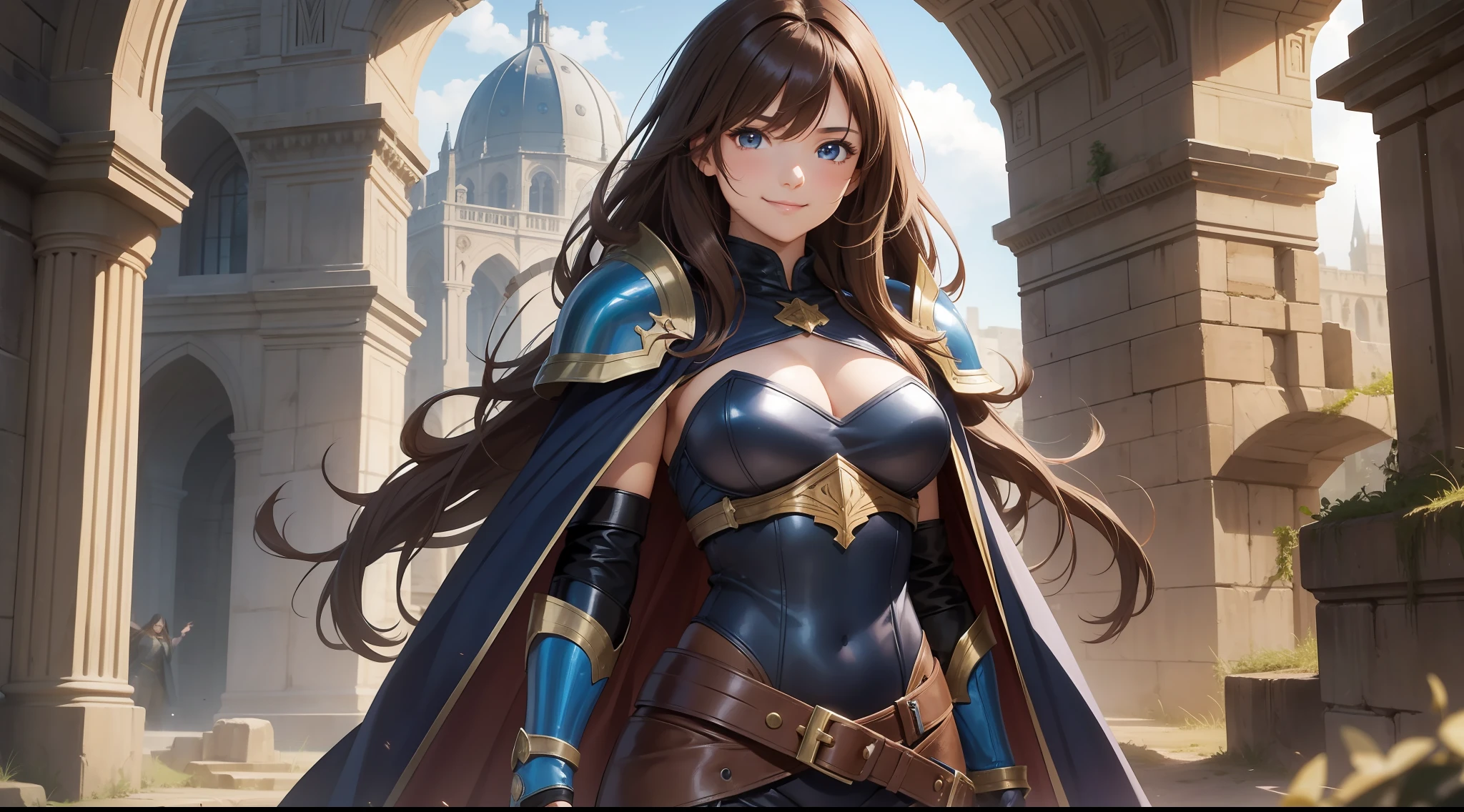a girl, warrior, brown hair, long hair, brown eyes, beautiful breasts, hair between eyes, bangs, full body, confident, heroic posture, smiling, dark blue leather armor, cape, fantasy, medieval ruin