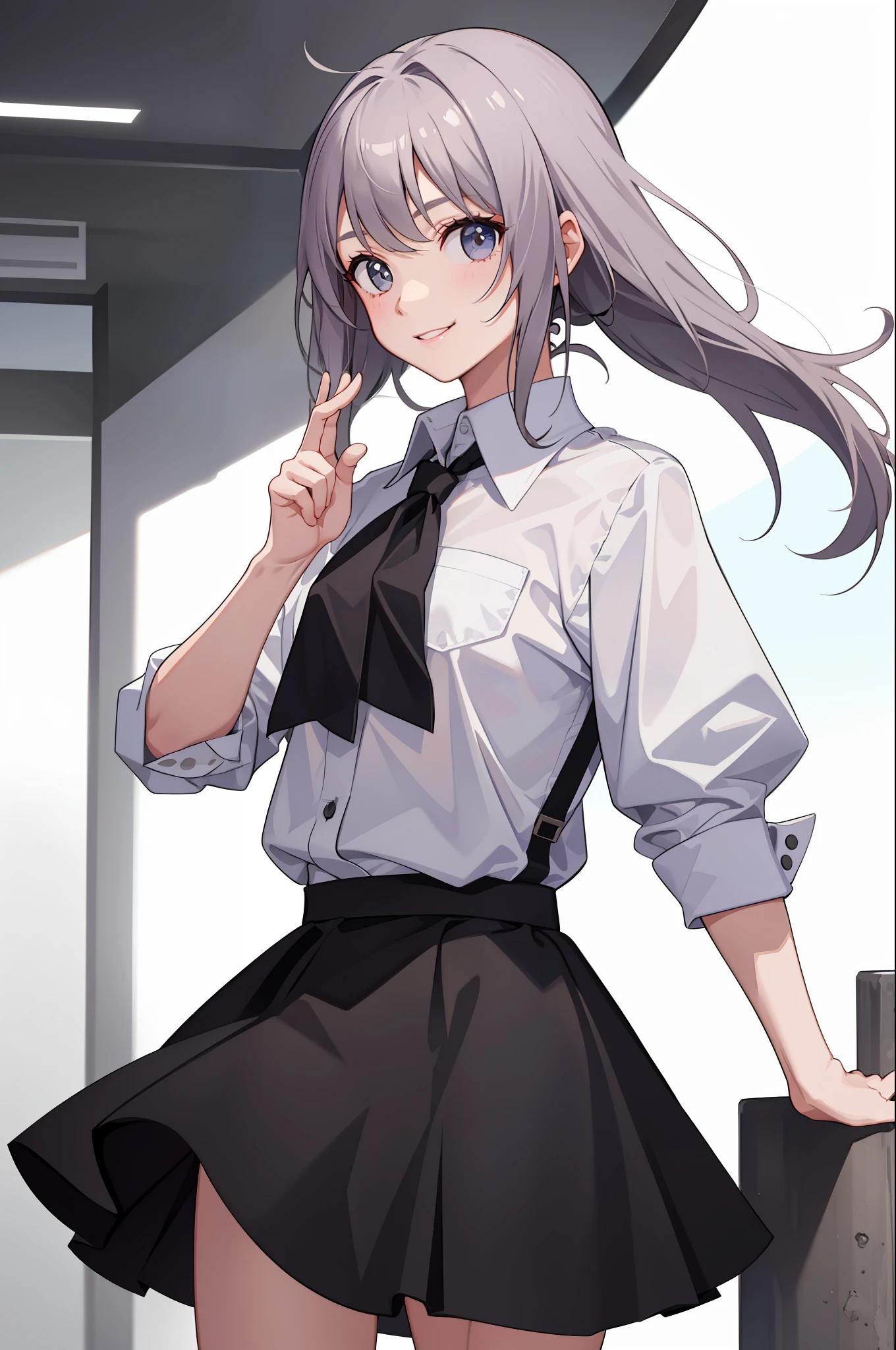 1 girl, smile, shirt, skirt, (small)