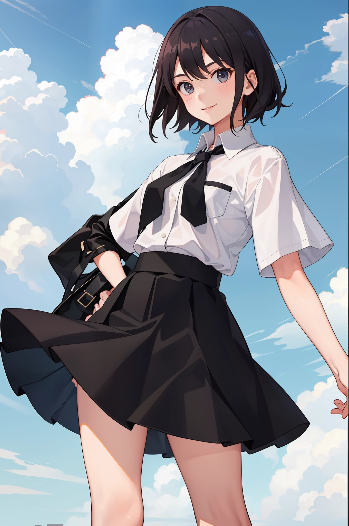 1 girl, smile, shirt, skirt, (small)