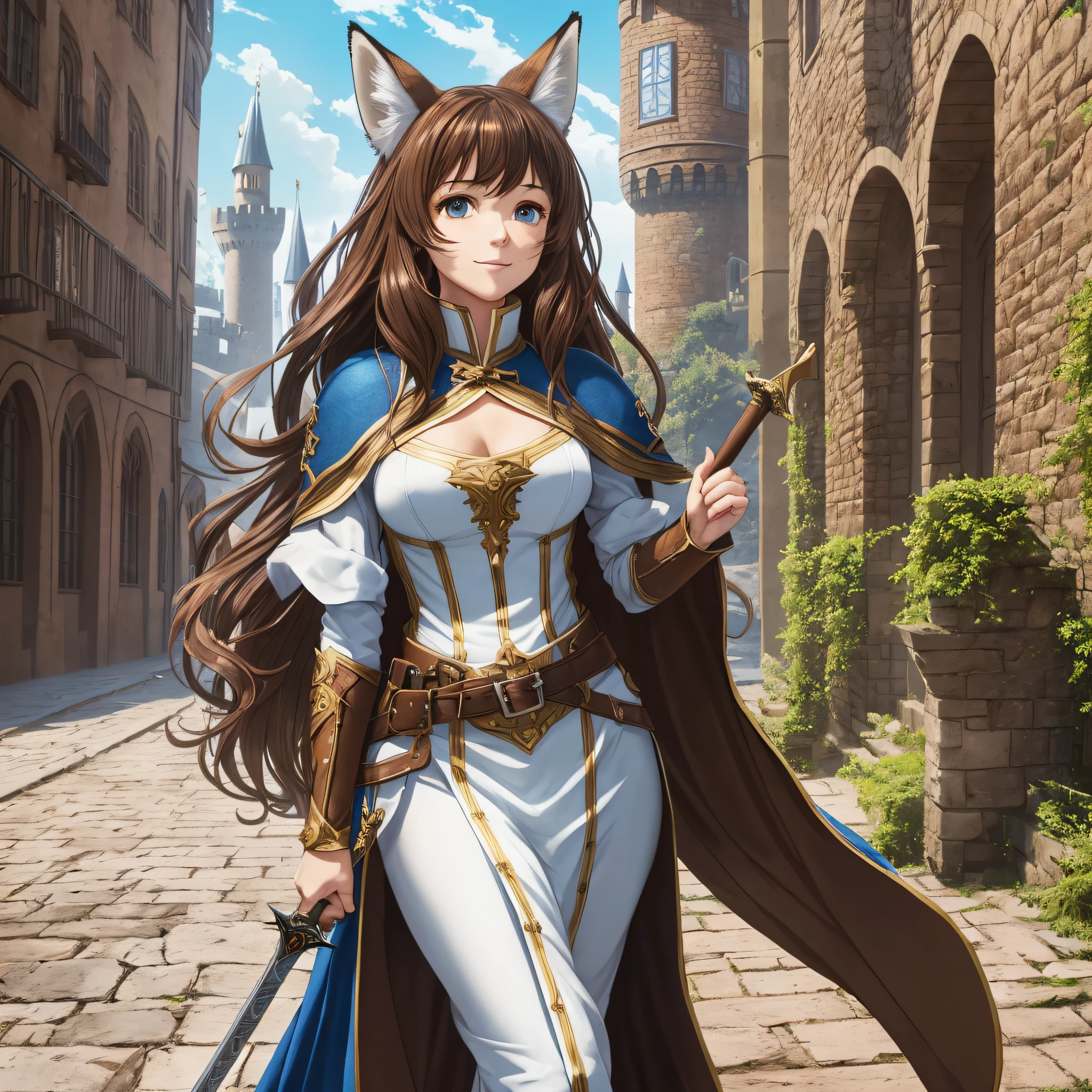 (masterpiece, full body, highest quality, photorealistic, highly detailed, octane rendering, unreal engine, 8k HD, soft cinematic light, hyper-detailed, hyperrealistic skin texture, best quality, ultra high res, raw photo, dramatic lighting, soft tones, unreal engine, fuzzy brightness, dynamic pose, hyperdetailed, ultra realistic, look at the viewer), A girl with ears and Fox syrup. Female. With striking and detailed looks that will inspire admiration in anyone who beholds her. Piercing brown eyes that seemed to glow with a sunlight, framed by long eyelashes that brushed against her delicate cheekbones. Her skin full of freckles. Her hair was long, flowing brown, brown that shone like sunlight. With loose waves cascading down his back that showed off his graceful neck. In short, feminine with beautiful features would be a vision of divine beauty, radiating grace, power, and wonder in all who beheld it. 14 years old. He wears a Blue cape, brown jacket, white shirt, Blue pants. Small breasts. Top Model. Similar raphtalia from Shield Hero. Medieval fantasy character. fantasy style clothing. Smiling face. Outdoors. (((City))). ((((Castle))). Sword in right hand. (((brown HAIR))). (((Brown Eye))). --auto --s2