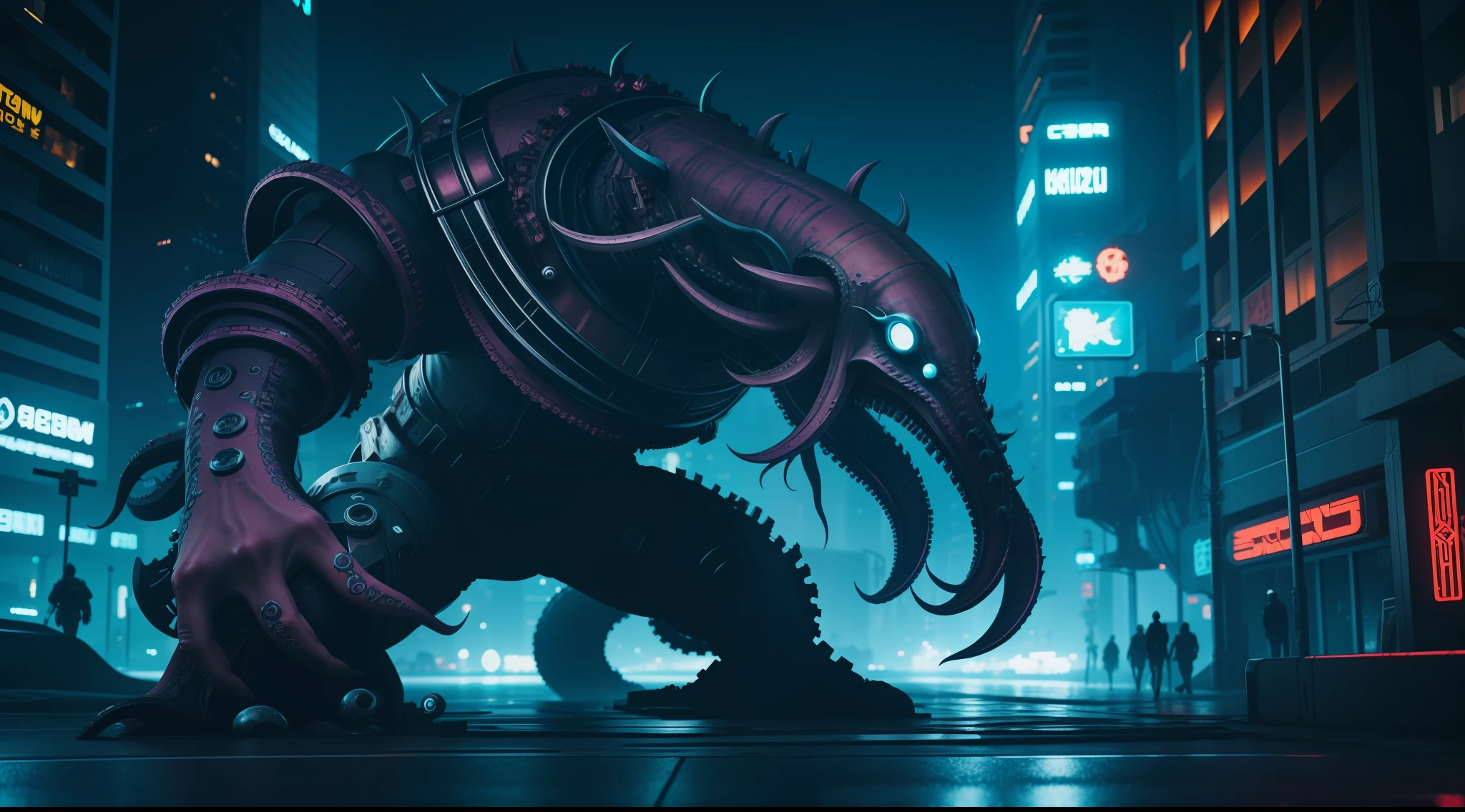kraken in cyberpunk style, Cyber Urban Fantasy, vibrant, photorealistic, realistic, dramatic, dark, sharp focus, 8k