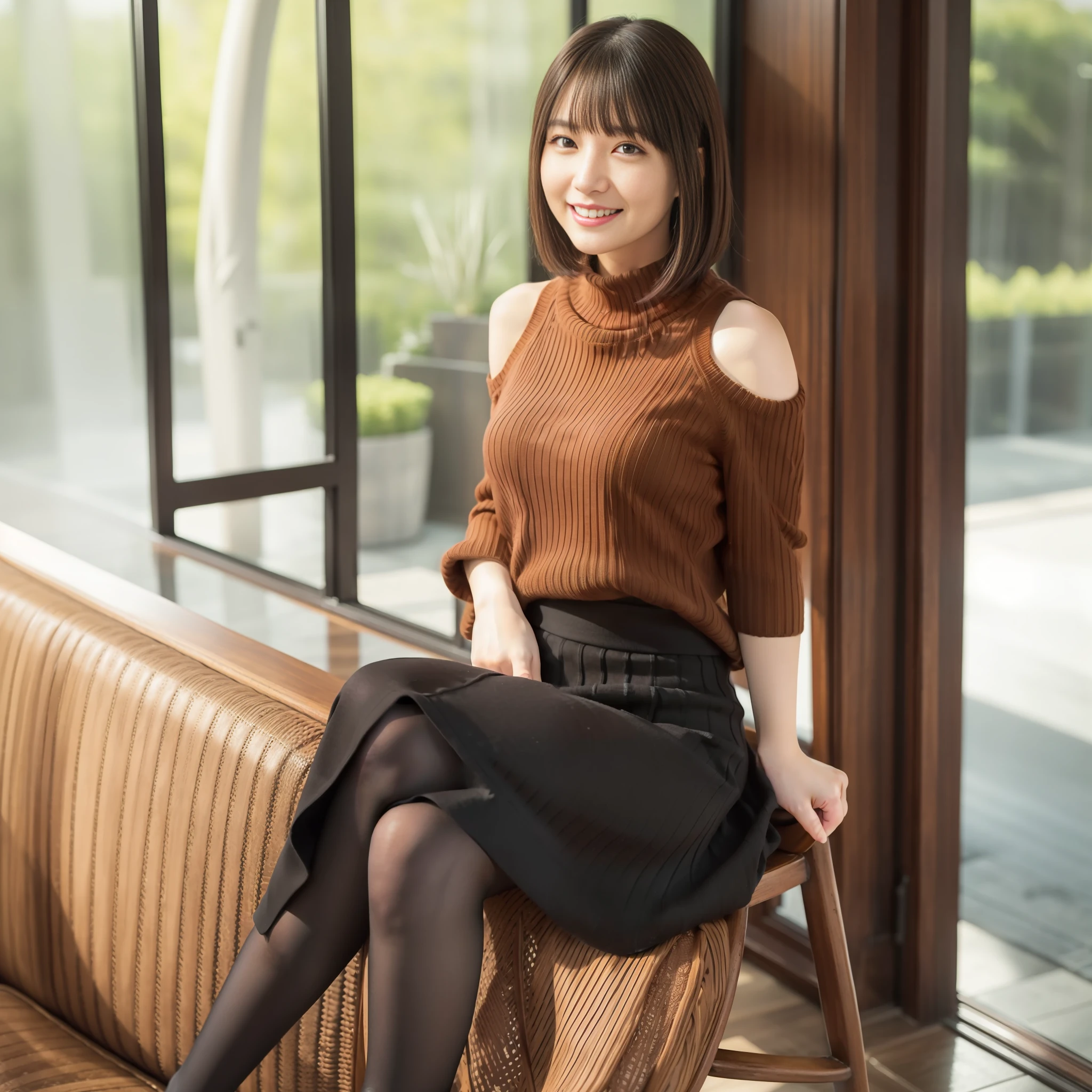 8K UHD, DSLR, Film Grain, Fujifilm XT3, (Best Quality: 1.3), (Masterpiece: 1.1), High Resolution, Cinematic Light, Intricate Detail, (Photorealistic), Outside, Beautiful Outside, Sunny, Japan Girl, Full Body, (Cafe: 1.5), Dimples, Bob Cut, Watch Viewer, Detailed Wood, Ribbon, Bow Tie, Bare Shoulders, ribbed sweater, pencil skirt, high waist skirt, antique chair, sitting, indoor, necklace, black pantyhose, seat transport sweater, (smile), slender, brown hair, bob hair, sagging eyes