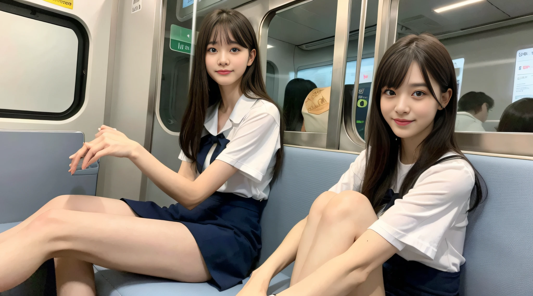 (8ｋ、RAW photos、maximum quality、masterpiece ,:1.2)、ultradetailed、Super Resolution、(lifelike,,,,,,,,,,、real photo:1.37)、Far Camera、High-resolution RAW color photos、Real human beings、Feminine gestures、Emphasize beautiful legs、Very realistic、An ultra-high image quality、8k Wallpapers、Amazing details、Correct human structure、The human body based on anatomy、Very detailed beautiful girl、Very detailed face Very detailed eyes、Very realistic skin、 extremely detailed fingers, extremely detailed nose, extremely detailed mouth、very delicate limbs,Anatomical body Perfect anatomy,, extremely detailed clothing, Teen、、、、、、、, famous japanese idol, Cutes, Realistic body, slender,..white skin, glowing skin, slim body,  Long straight hair, (dull bangs:1.2),  Realistic face, delicate eyes, double eyelid, sailor suit、、、、、、、、、、、、、On the train after school、Beautiful and thin legs、thin thighs、Shot from a distance、　Sitting on a train chair、Crossing your legs while sitting、High school girl leaning on chair on train、Angel smile、The cutest face in the world、Human style　True to the human body structure、Female proofreading frolicking with 4 people、red ribbon、Sexy legs、、t look at the camera、Kamimei、Blue Che skirt、Delicate red-blue skirt、、beautiful and elongated legs、Slender and beautiful legs、Boyfriend's perspective　、Precise anatomy、Embarrassing appearance、perfect antomy、Precise limbs、Faithful to the human body structure、