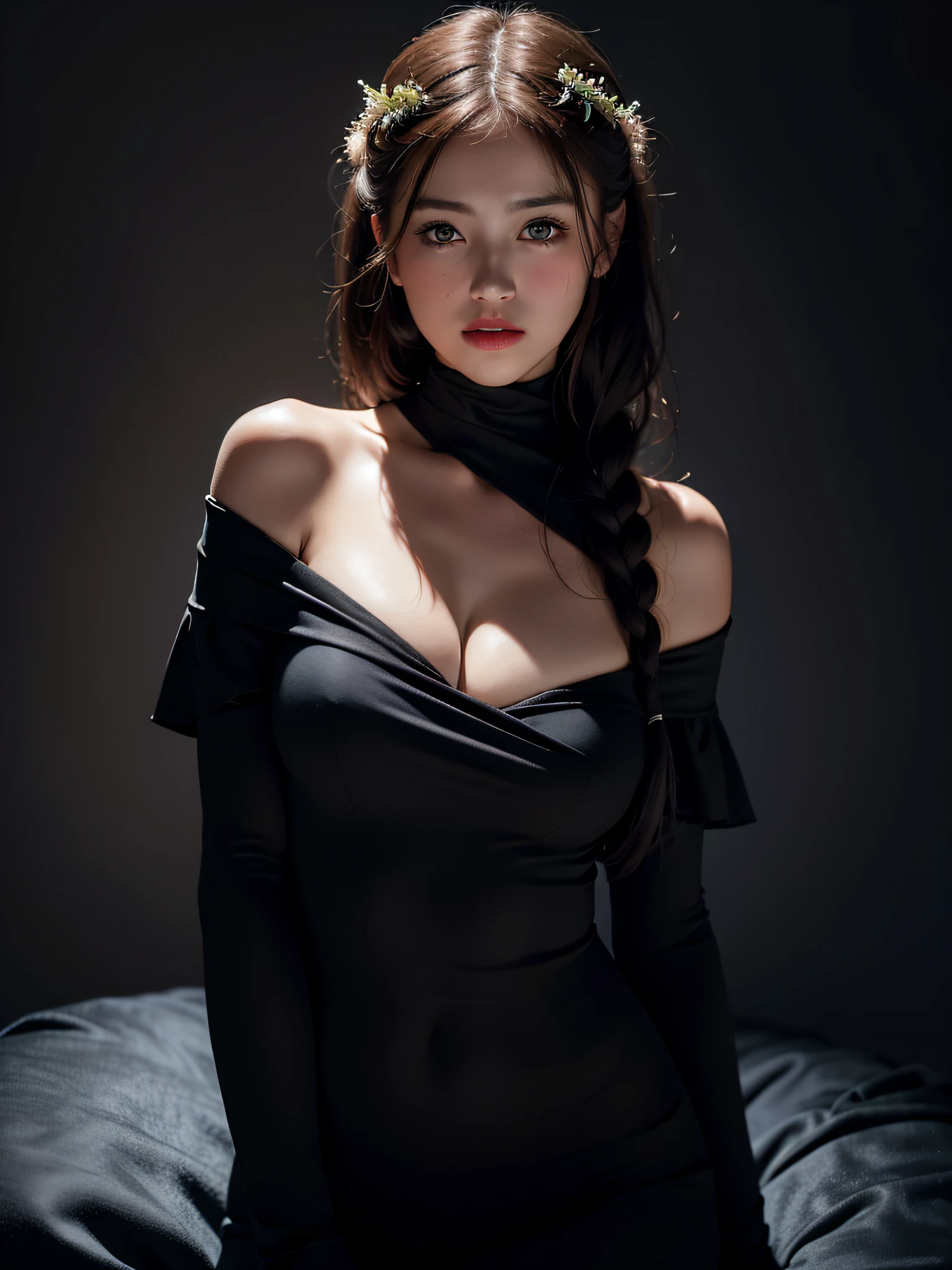 Best quality, masterpiece, ultra high res, (photorealistic:1.4), raw photo, 1girl, offshoulder, in the dark, deep shadow, low key, cold light