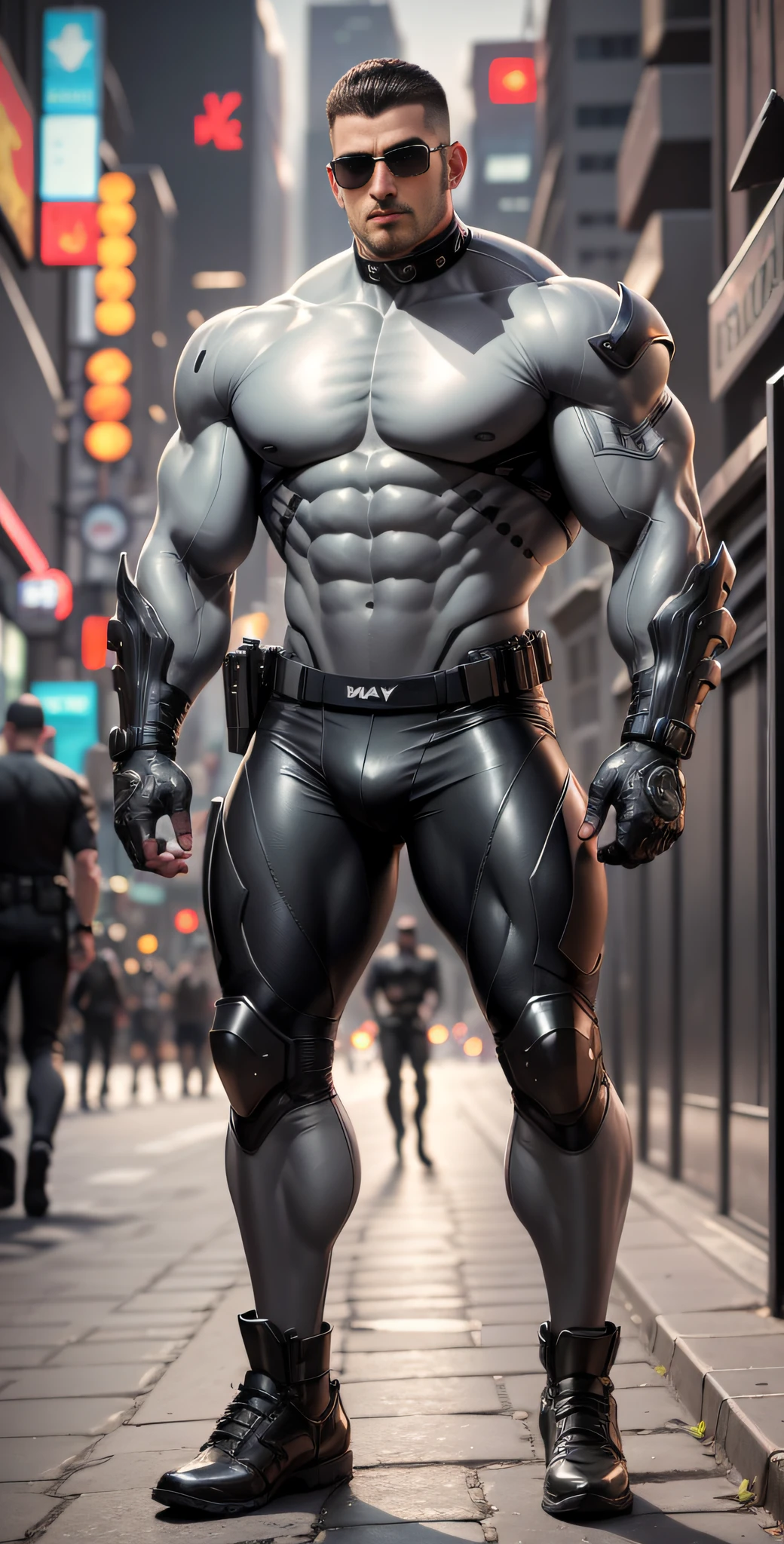 Arad man in gray, black and white clothes standing on the city street, muscle male hero, Buzz cut, heroic male pose, tall and burly, muscular! Wearing black sunglasses, cyberpunk, stealth suit, symmetrical floral texture design, super buff and cool, high resolution committee, character design police, black military boots, charismatic strong male with armor