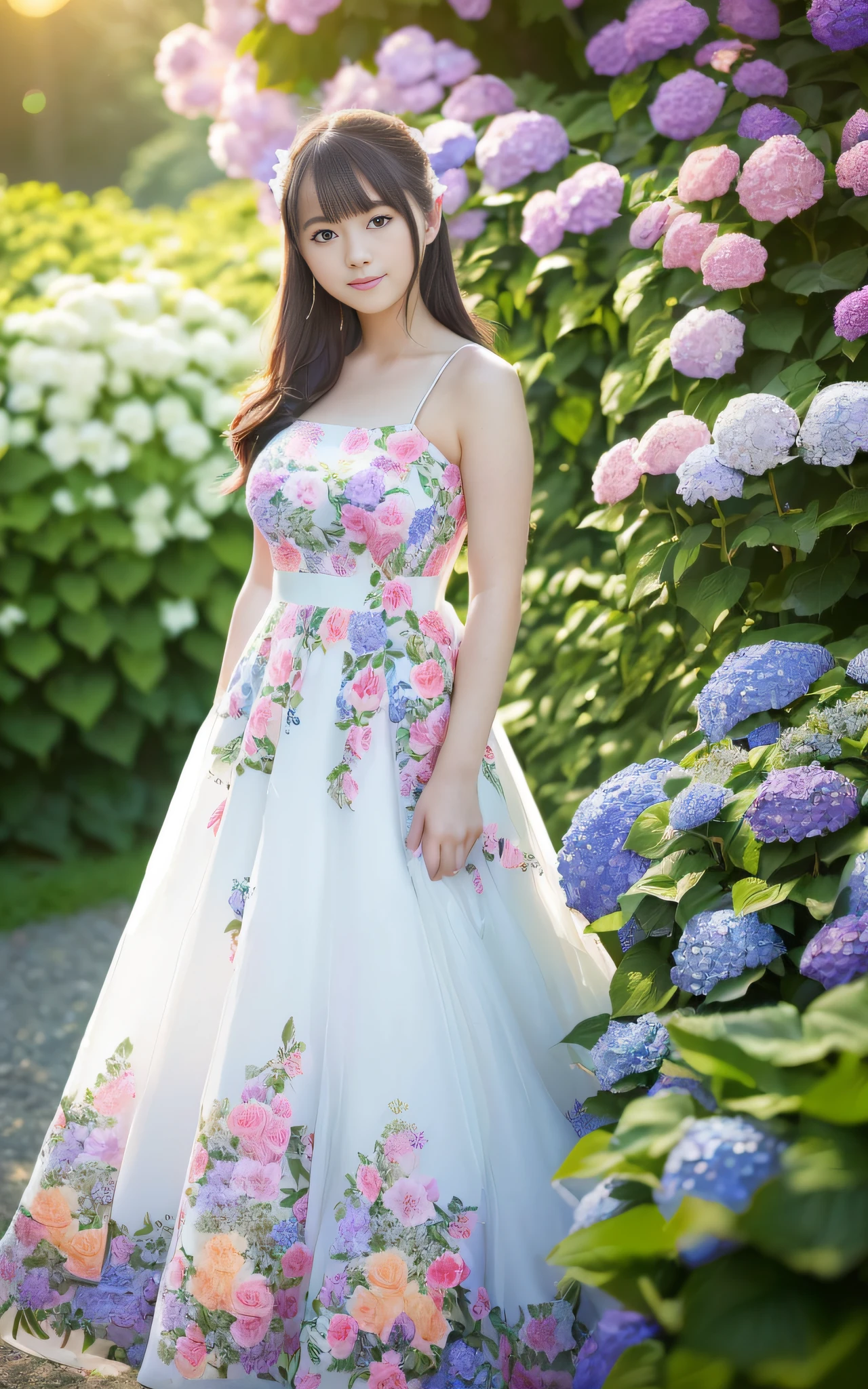 20 years old, twilight rays, wedding dress, corolla, (((Tokugawaen)), hydrangea front bokeh, bokeh, photorealistic, surrounded by hydrangeas, background dark, smiling, (one girl), (sunset: 1.3), (8k, raw photography, best quality, masterpiece: 1.2), (realistic, photorealism: 1.37), best quality, ultra high resolution, (focus plane: 1.8), ( Portrait: 1.7), (Intense:1.1), (Details:1.1), (Highest Quality), (Analog:1.2), (High Sharp), Canon EOS R Photography, (Summer Dress:1.4), (Standing in a Flower Garden:1.3), (Vivid and Colorful:1.3)