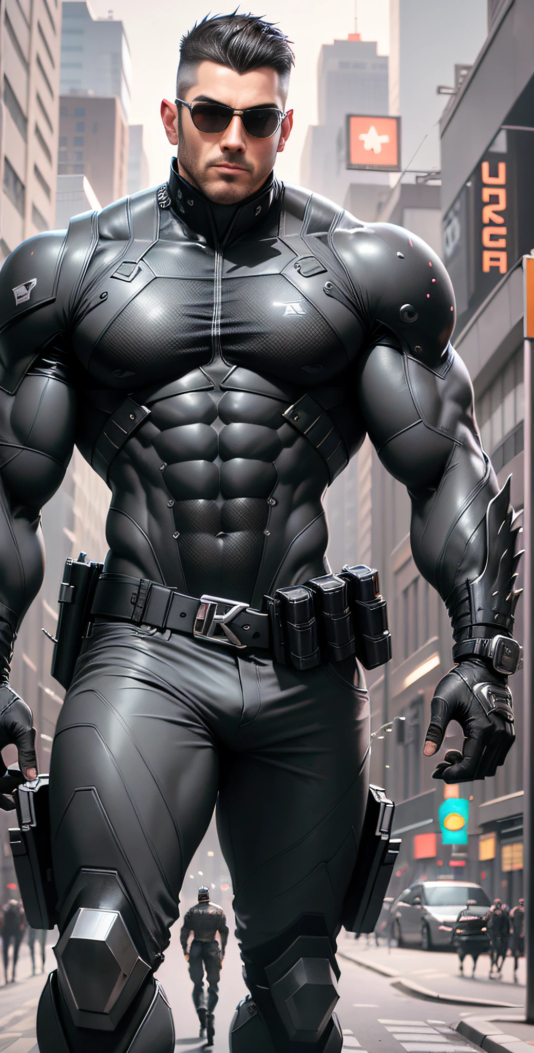 Arad man in gray, black and white clothes standing on the city street, muscle male hero, Buzz cut, heroic male pose, tall and burly, muscular! Wearing black sunglasses, cyberpunk, stealth suit, symmetrical floral texture design, super buff and cool, high resolution committee, character design police, black military boots, charismatic strong male with armor