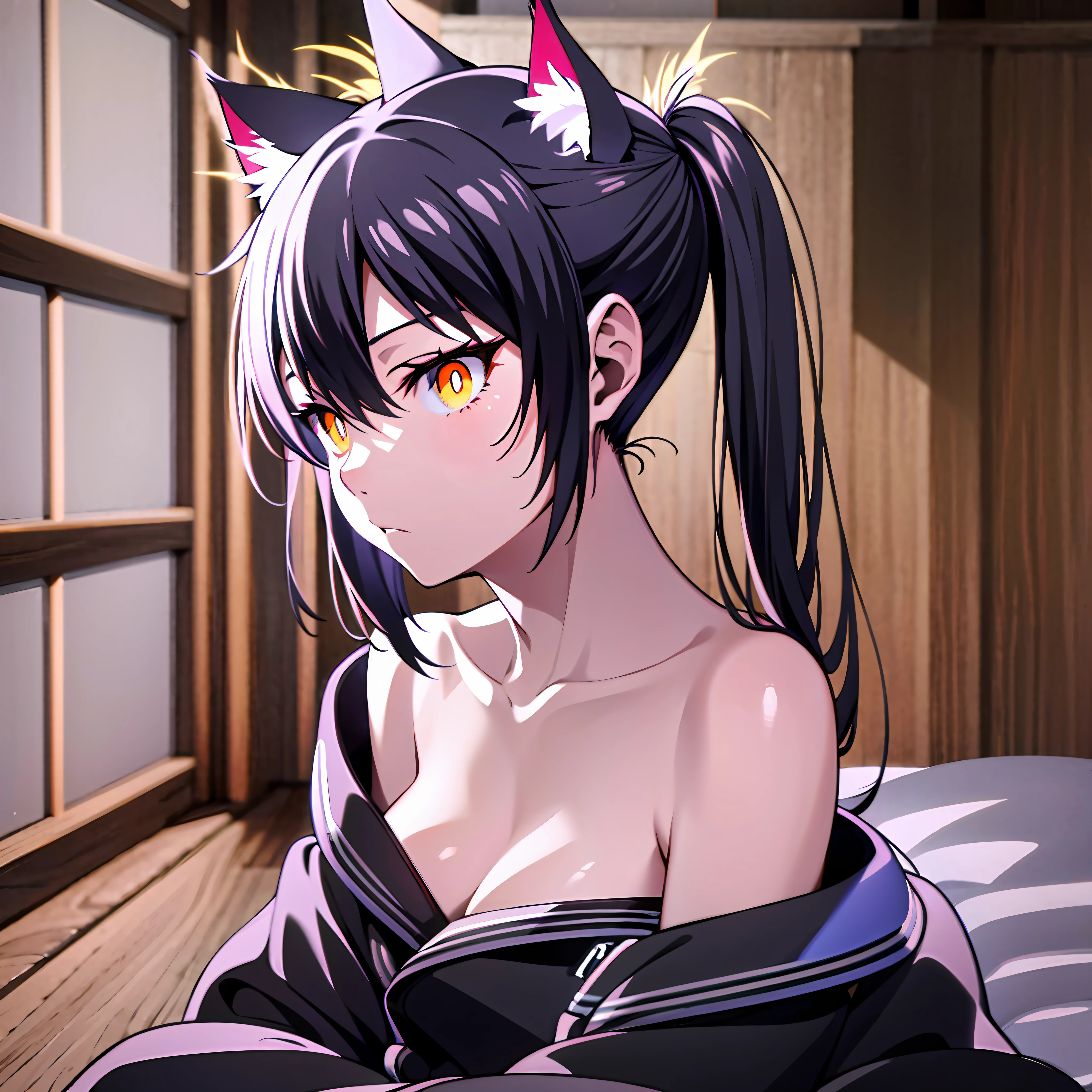 tamaki kotatsu, 1girl, pale skin, night, [slim], (topless), (solo), (shadow), (black oversized cargo pants), cat ears, (face shot:1.5), backlighting, vignetting, ((masterpiece)), (detailed), flame (aura), profile, collarbone, (looking at viewer), detailed face, close shot, upper body, face, (torso out of frame:1.2), twintails, drop shadow