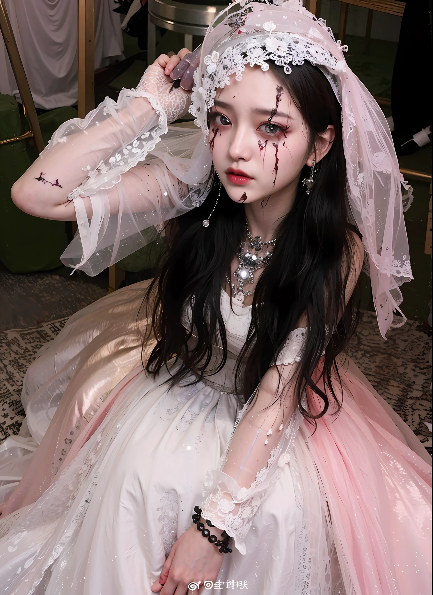 Arakfi dressed in makeup and makeup, corpse bridal style, scary look, gothic horror atmosphere, haunting beautiful zombie, by Ayami Kojima, creepy theme, beautiful zombie, Halloween style, pale young ghost girl, cruel korean gothic girl, scary style, creepy aesthetic, omg, bride, japanese gothic, print, hd