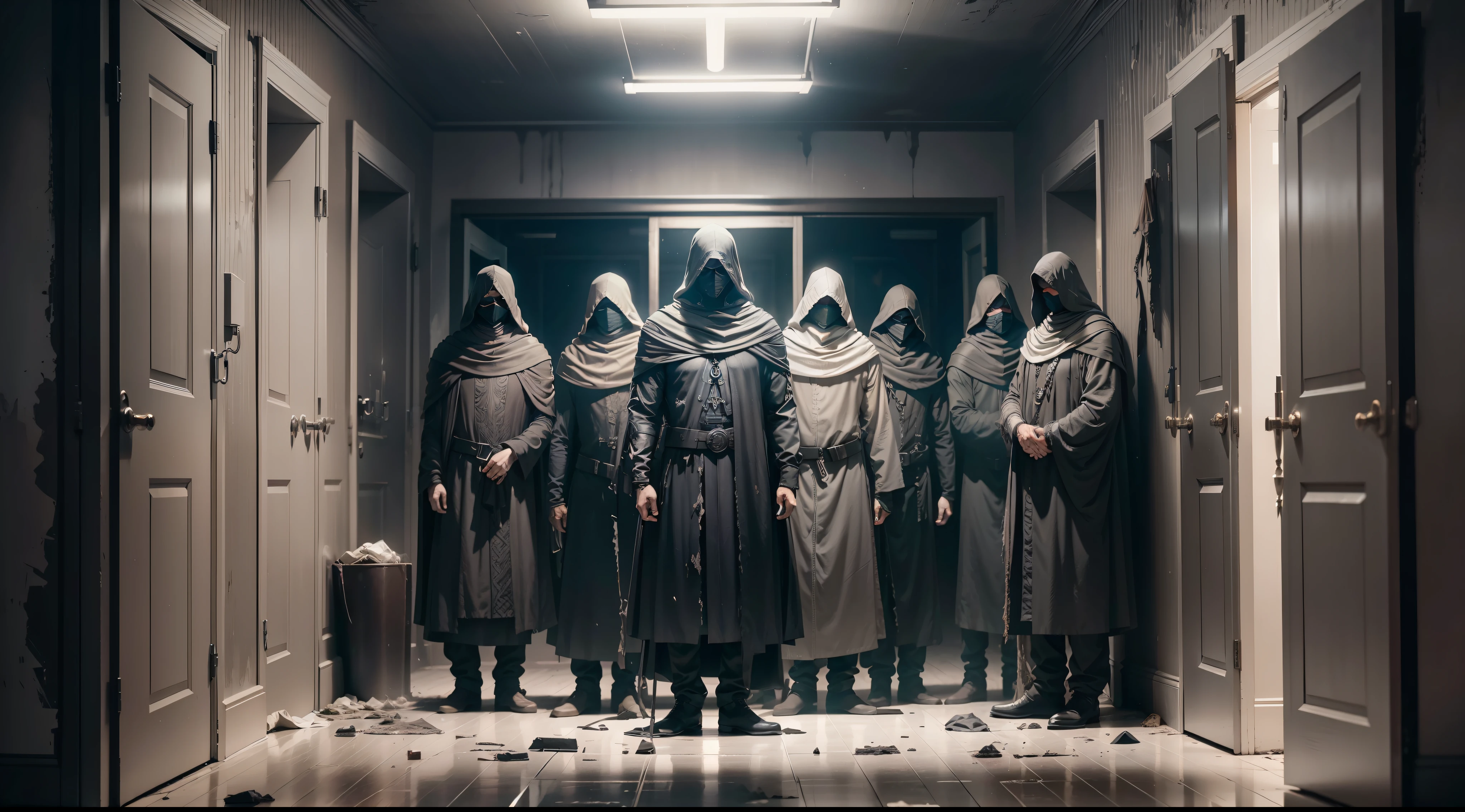 a group of male dark white masked dark cultists in a dark scene, dirty and disgusting room, horror scene, darkness, terrific, dark mood, night lightining