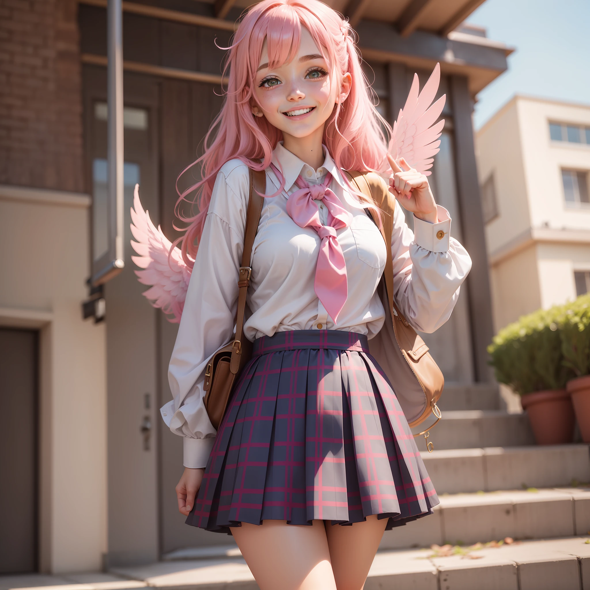 GIRL Wings of an Angel pink hair BEST QUALITY A Masterpiece smiling smile beautiody school uniforms