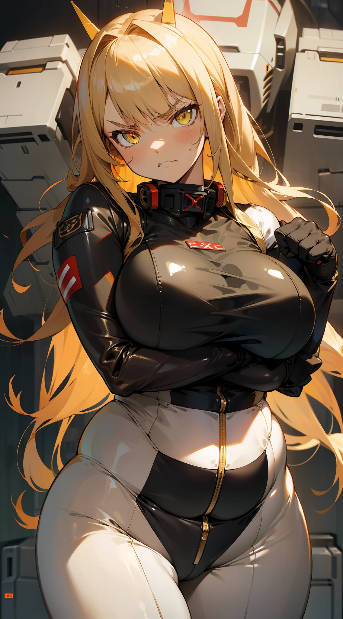 (murderous), ((mecha mecha)), (tight leather clothing), (plump body), (blonde hair), (golden pupils), (firm and brave eyes), (angry expression),