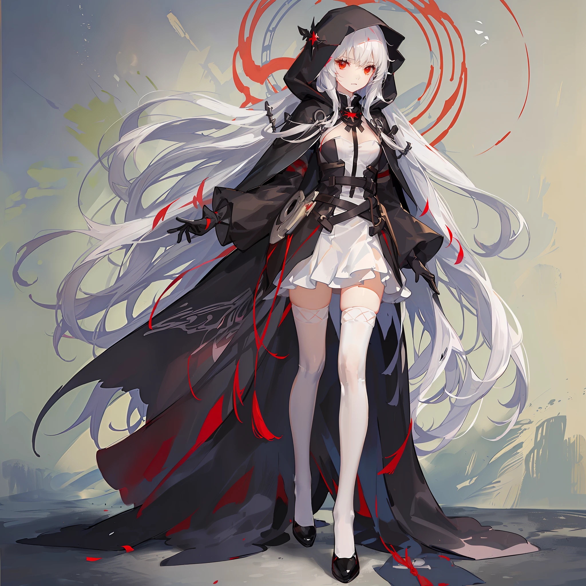 Maiden, white stockings, round red thread striped road black robe, hood, cape, red eyes, long white hair, faint smile, standing posture, full body, mage, holy girl