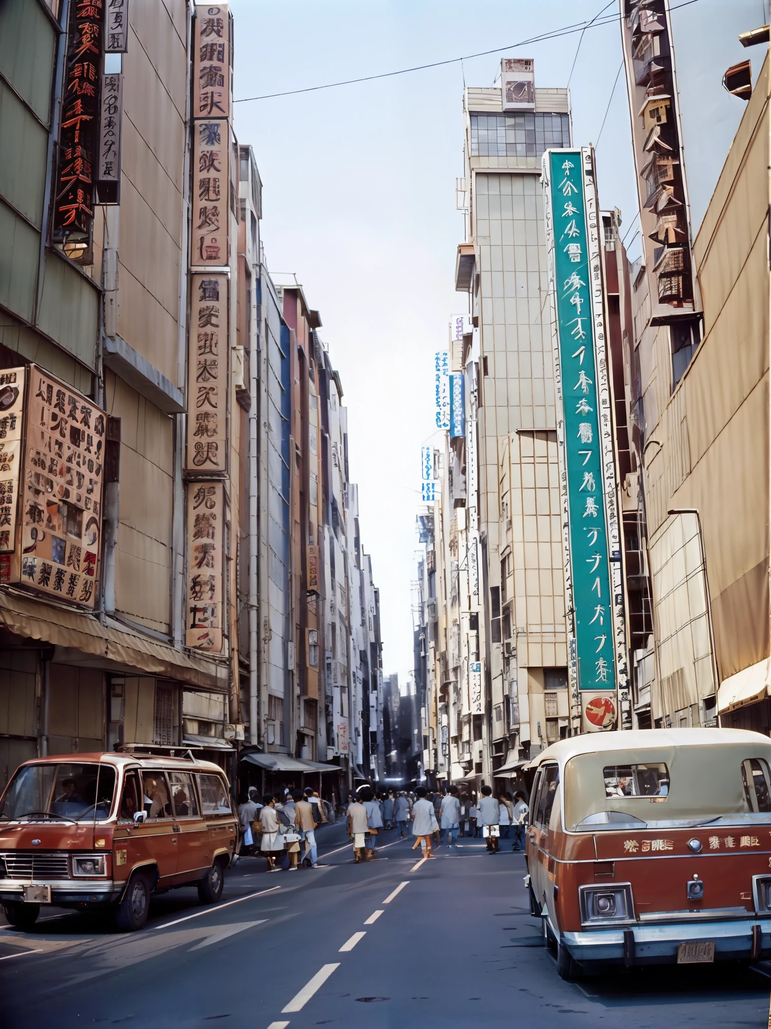 There are a lot of cars and people on the city streets, Japan 1980s, downtown Japan, streets of Tokyo, streets of Japan, vintage footage of streets of Tokyo, streets of Tokyo set in 1982, streets of Tokyo, photos of Japan in the 80s, streets of Japan, in the streets of Tokyo, Kodachrome : : 8 k, vintage photo, 1970s print